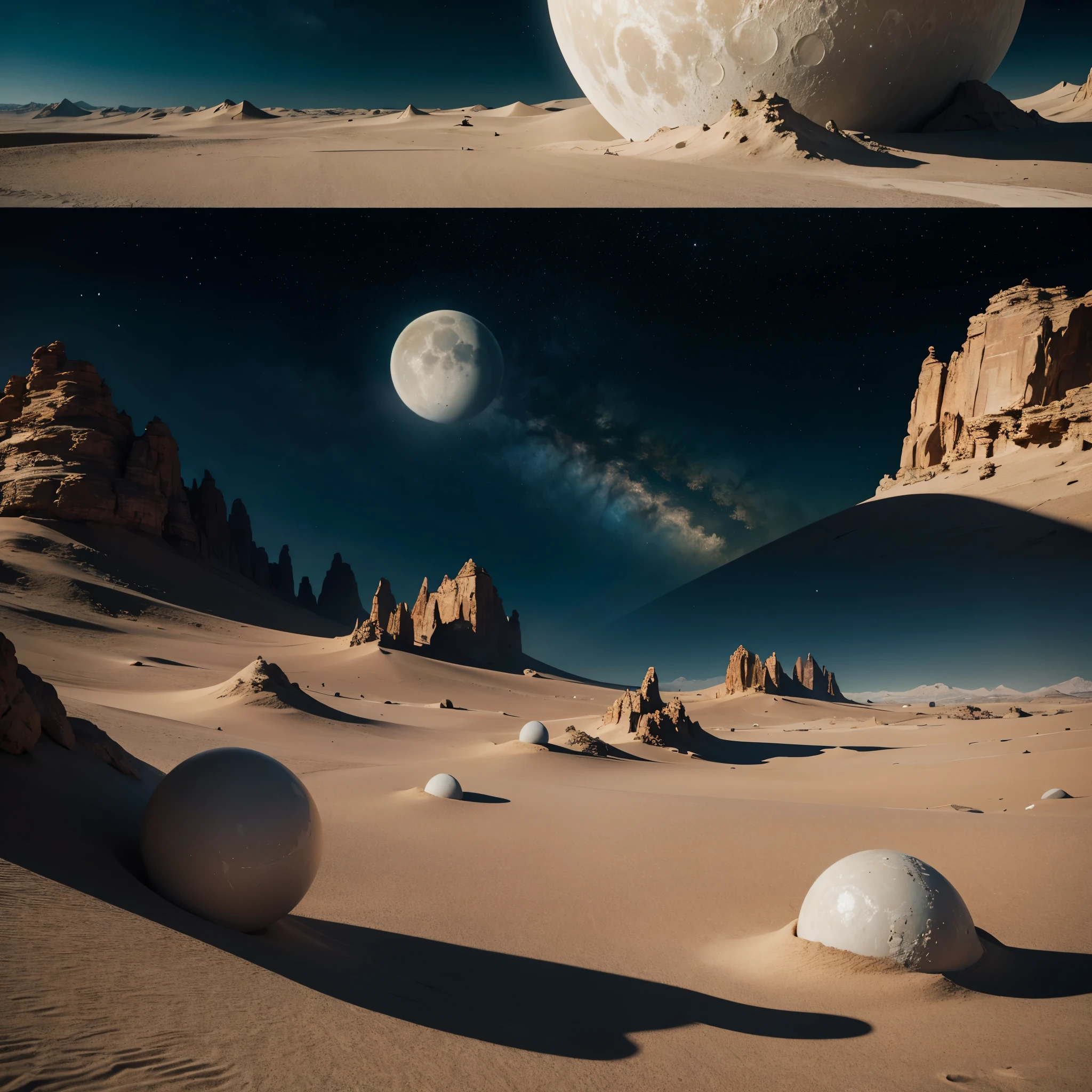 8k masterpiece, ((scene with daylight)), ((soft light)) it is daytime on a totally desert planet and we see the sky with two moons and full of large spaceships with complex structures, celestial landscape, stars and nebulae, piramids, dark style geometri sacro