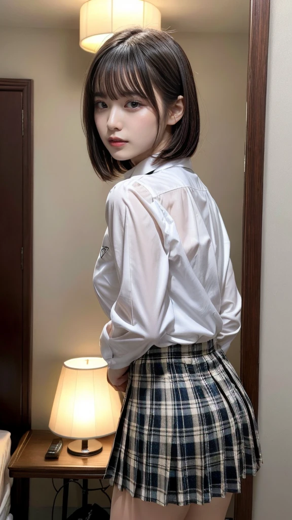 masterpiece, best quality, illustration, Super detailed, fine details, High resolution, 8K,wall paper, perfect dynamic composition,(Details High quality, realistic depiction of eyes:1.3), from side, standing, (collared shirt:1.1), pleated skirt, short bob hair、black hair color, Big Natural Color Lip, bold sexy pose, crying a little、cold gaze, Harajuku style、20 year old girl、cute type、ta、beautiful legs, hotel room, gravure idol, medium breasts