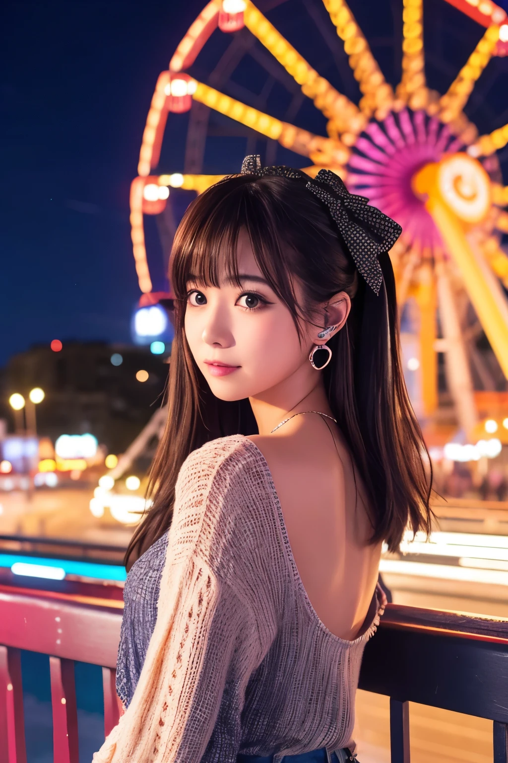 Portrait、Ferris wheel in the background、One ear out、Idol、No sleeve、Gal Makeup、night、