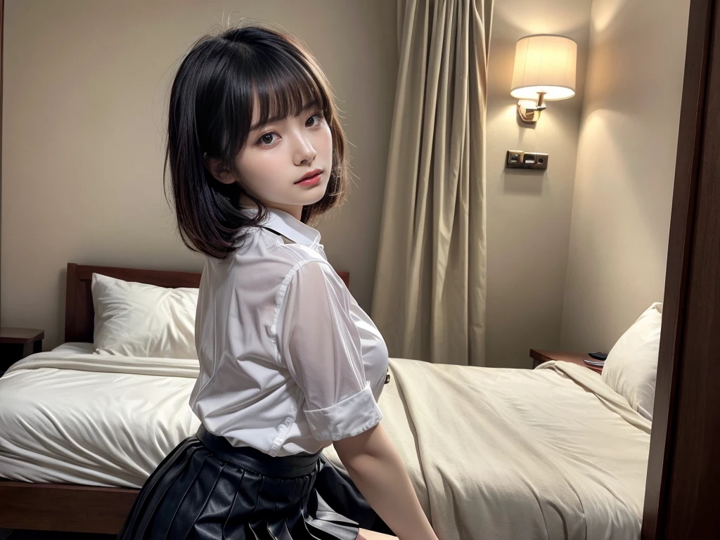 masterpiece, best quality, illustration, Super detailed, fine details, High resolution, 8K,wall paper, perfect dynamic composition,(Details High quality, realistic depiction of eyes:1.3), from side, standing, (collared shirt:1.1), pleated skirt, short bob hair、black hair color, Big Natural Color Lip, bold sexy pose, crying a little、cold gaze, Harajuku style、20 year old girl、cute type、ta、beautiful legs, hotel room, gravure idol, medium breasts