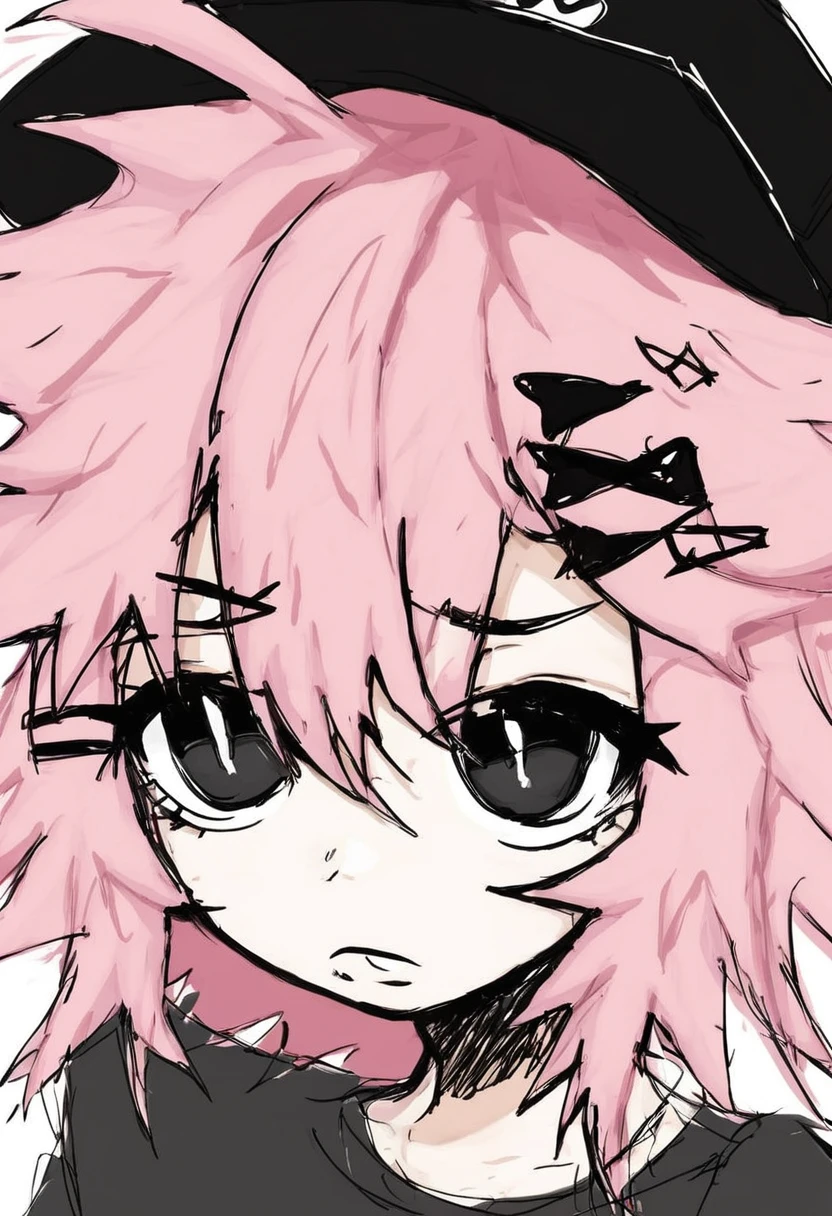 1girl, grunge, sketchy lines, pink hair, messy hair, hairclips, black pupils, hat, shirt