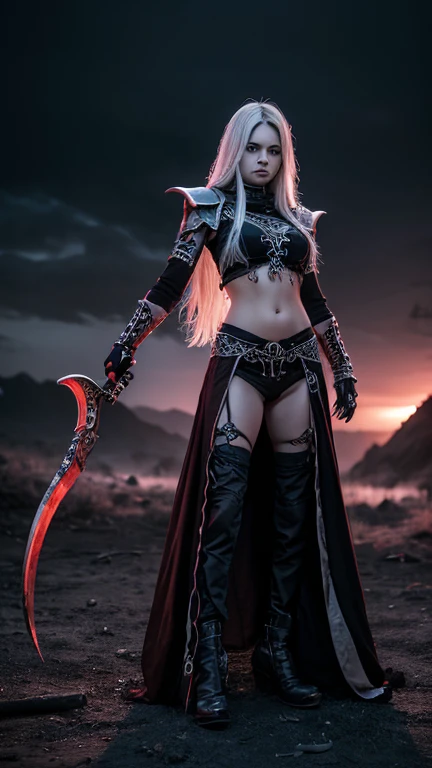 High resolution ultra detailed photography of a female necromancer with a bone scythe in her hand, female necromancer with clothes made of bones, female necromancer in a standing threatening pose looking towards the camera, photo background gloomy at night