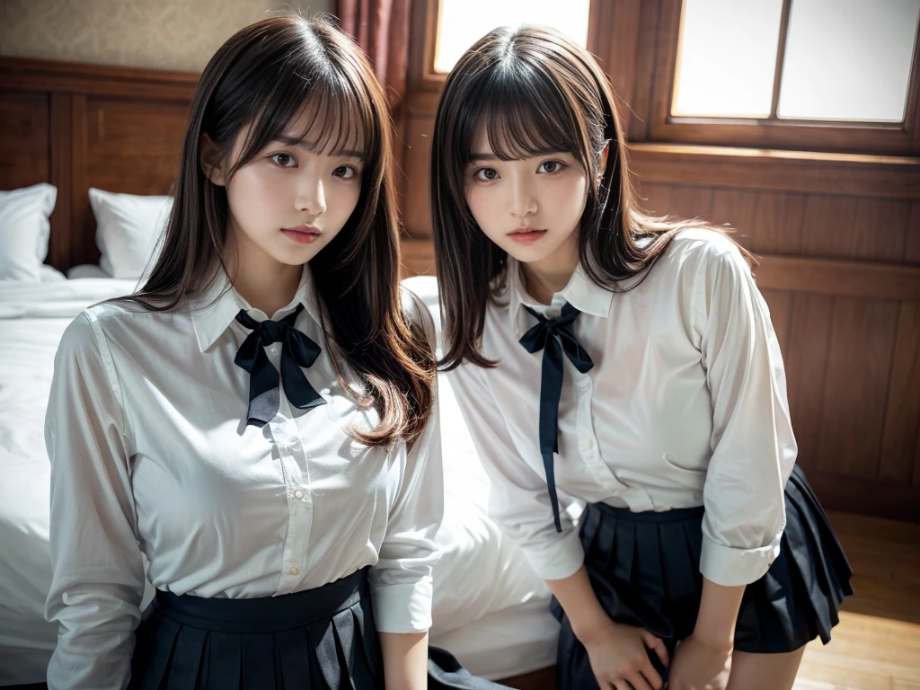 masterpiece, best quality, illustration, Super detailed, fine details, High resolution, 8K,wall paper, perfect dynamic composition,(Details High quality, realistic depiction of eyes:1.3), (2girls), standing, (collared shirt:1.1), pleated skirt, short bob hair、black hair color, Big Natural Color Lip, bold sexy pose, crying a little、cold gaze, Harajuku style、20 year old girl、cute type、ta、beautiful legs, hotel room, gravure idol, medium breasts