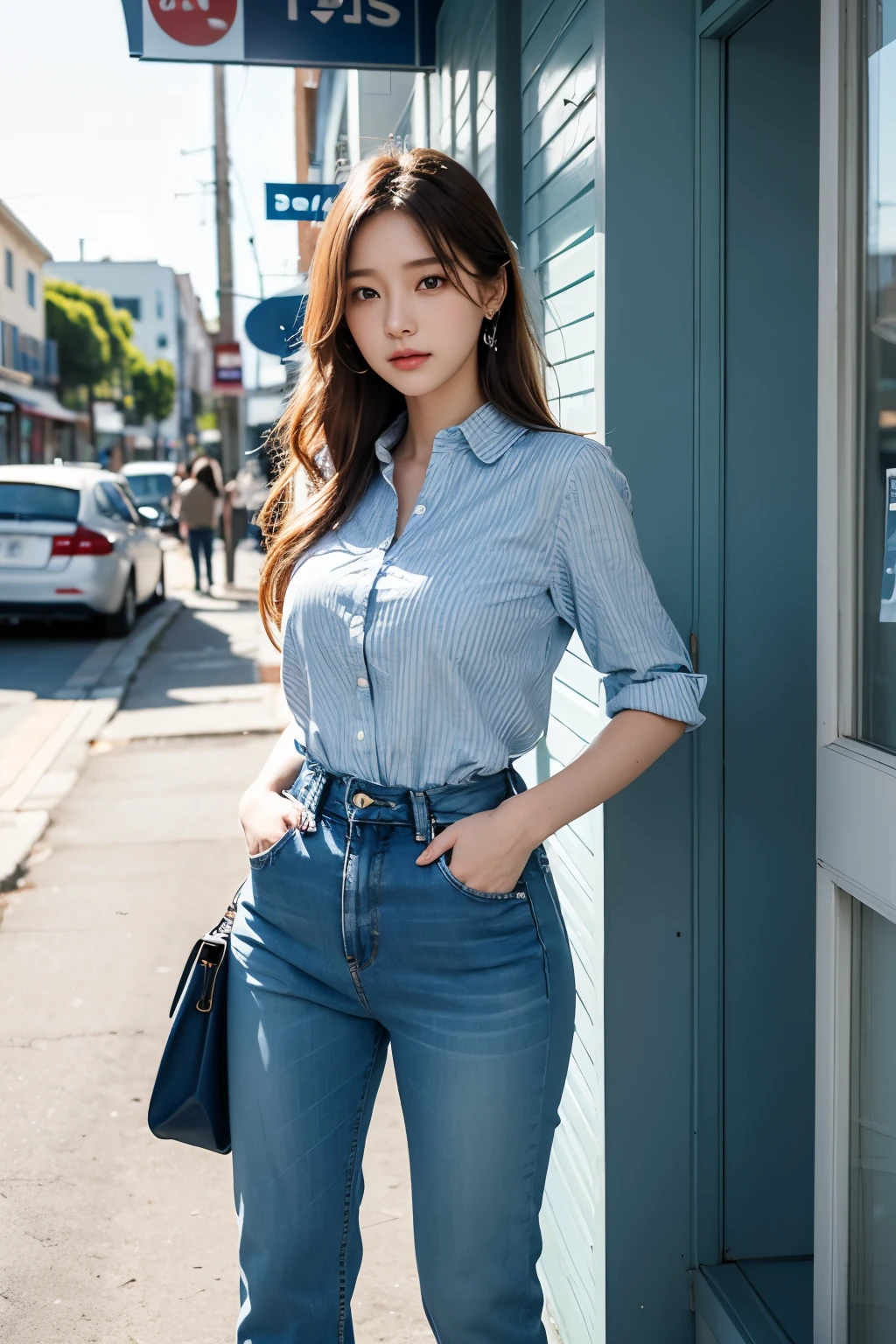 A woman is standing outside the store window with her hands on her hips., wearing a light blue striped shirt, jean, ( ( ( jeanpants를 입고 ) ) ), Pale blue outfit, pants, trendy clothes, wearing elegant casual clothes, Pale blue, Wearing a linen shirt, jean pants, jeans pants, pastel, detailed image, 셔츠와 jeanpants를 입고, pastel blue