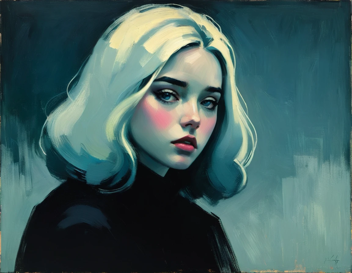 Create an evocative oil painting inspired by Malcolm Liepke, based on the provided image. Capture the intense, introspective expression of the young subject using thick, using a palette of light pink, muted blue, dark grayish blue, bright blue, very dark gray, and light grayish blue. Highlight the emotional depth and vulnerability in the subject's gaze, emphasizing the play of light and shadow on their face. Maintain a simple, textured background that complements the subject's contemplative presence. Focus on the tactile quality of the oil paint to convey the raw emotion and intimacy characteristic of Liepke's style.