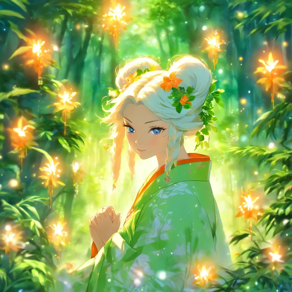 Tiger girl, white hair, short hairstyle, tiger ears, kimono, in a green forest, with beautiful flowers and shiny dew, unearthly beauty, Galadriel, a beautiful fantasy painting., inspired by Nene Thomas, an unearthly fairy tale inspired by Edward Robert Hughes, a fantastic oil painting., unearthly!!!!!!, Unearthly!!!, Enchanted by the spirit of nature, unearthly fantasy