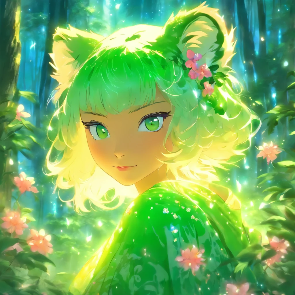 Tiger girl, white hair, short hairstyle, tiger ears, kimono, in a green forest, with beautiful flowers and shiny dew, unearthly beauty, Galadriel, a beautiful fantasy painting., inspired by Nene Thomas, an unearthly fairy tale inspired by Edward Robert Hughes, a fantastic oil painting., unearthly!!!!!!, Unearthly!!!, Enchanted by the spirit of nature, unearthly fantasy