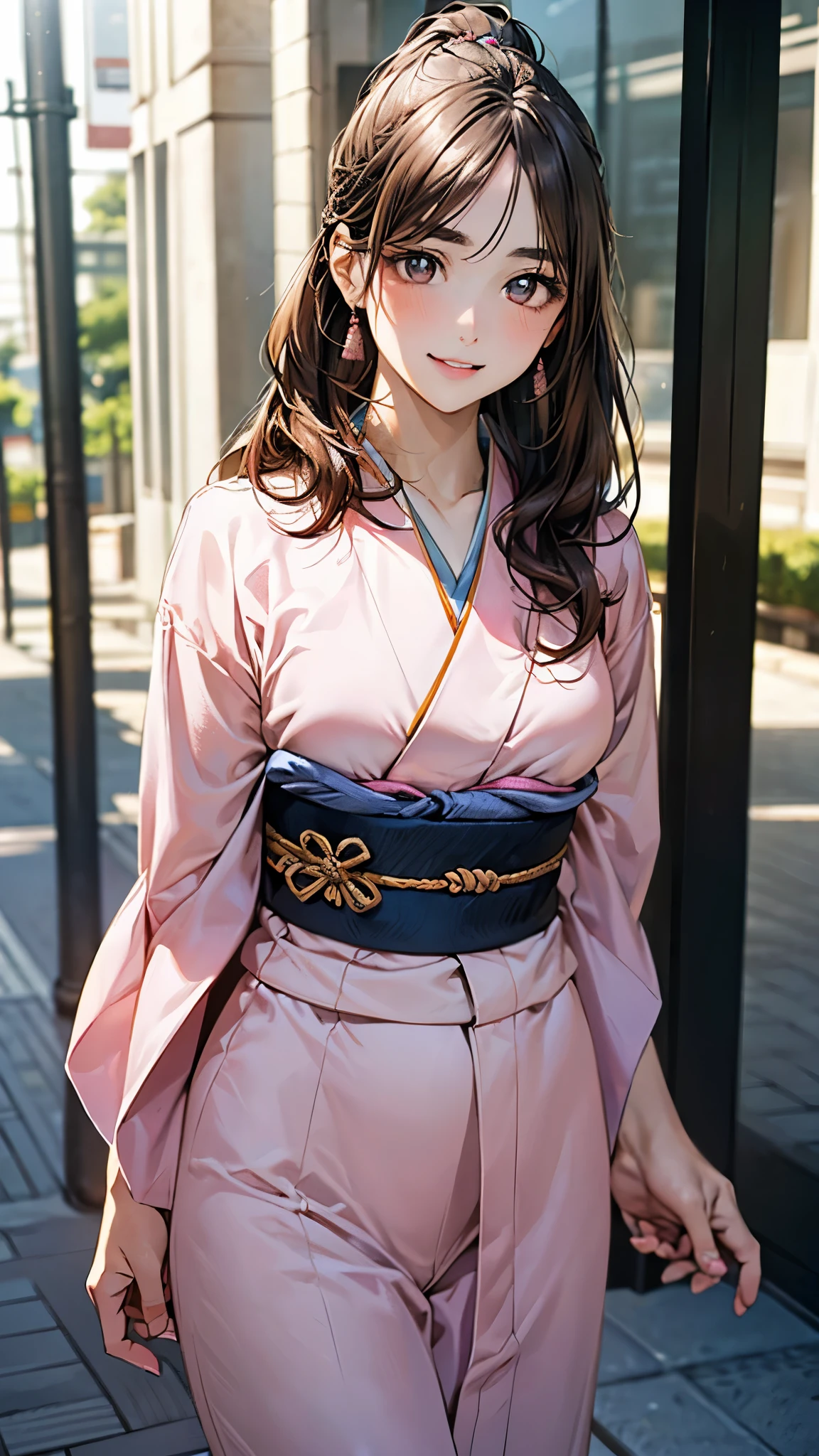 (masterpiece:1.2, top-quality), (realistic, photorealistic:1.4), beautiful illustration, (natural side lighting, movie lighting), depth of fields,
looking at viewer, cowboy shot, (from below), 1 girl, japanese, high school girl, perfect face, cute and symmetrical face, babyface, round face, shiny skin,
(long hair, ponytail, brown hair), asymmetrical bangs, brown eyes, long eye lasher, brown eyebrows, (medium breasts), perfect female body,
beautiful hair, beautiful face, beautiful detailed eyes, beautiful clavicle, beautiful body, beautiful chest, beautiful thigh, beautiful legs, beautiful fingers,
(wearing pink kimono, long length, pink japanese clothes, perfect kimono),
(beautiful scenery), (outside of house, street), (standing, arms behind back), (smile, parted lips),