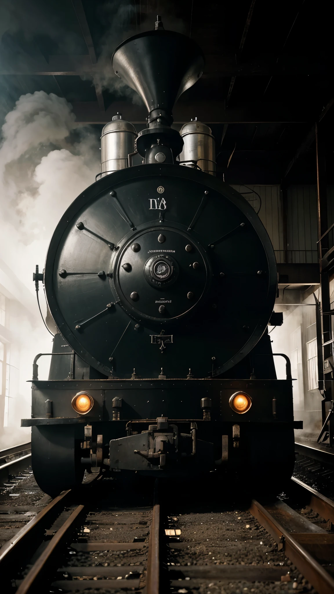 (front view) , uma foto em preto e branco, maquinas , a steam wheeler from 1880s, Industrial Revolution, com engrenagens e tubos , industrial.