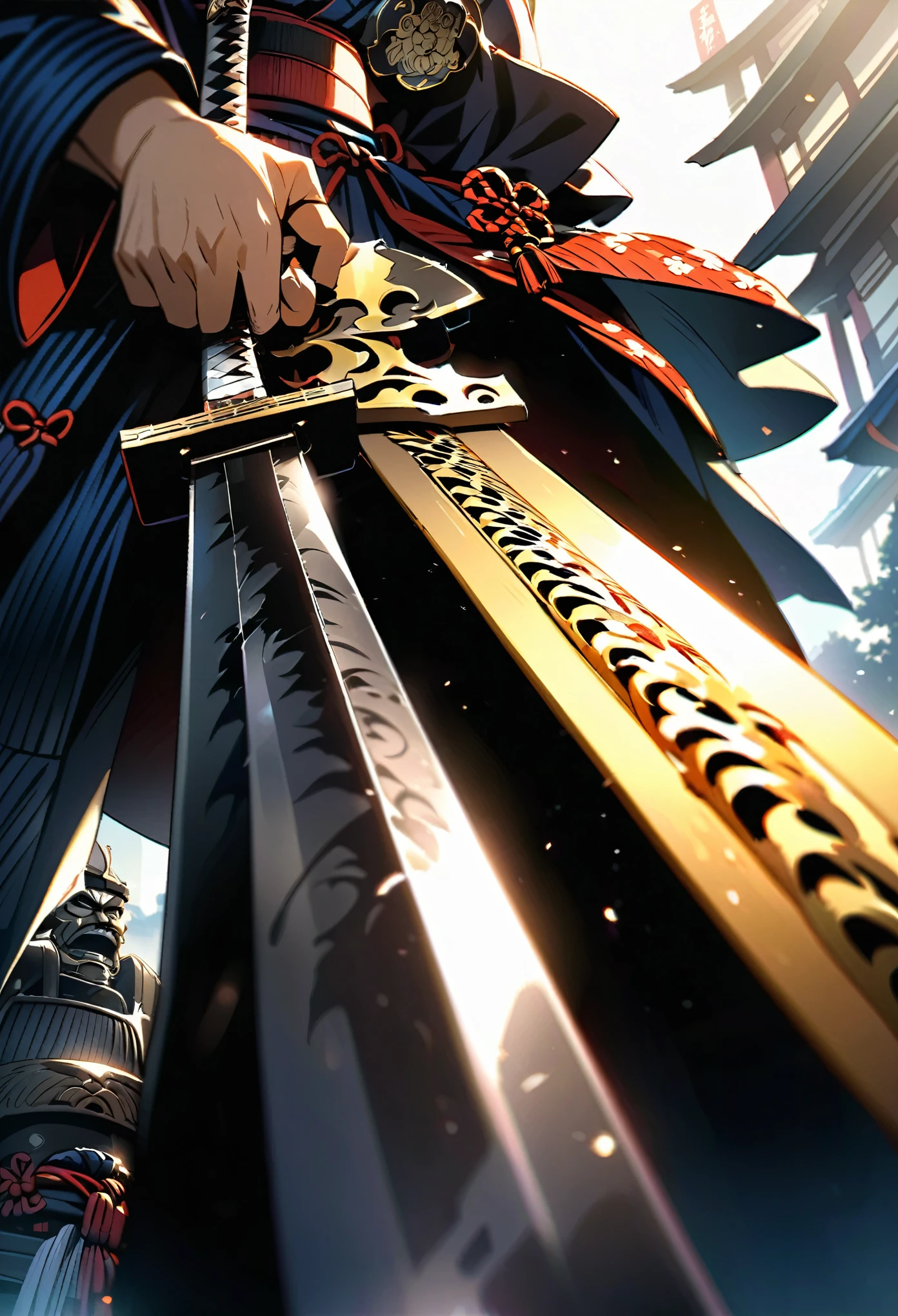 Close-up of a sword held by a samurai, face out of focus, detailed sword with edge and ornament, sword held in one hand, image taken from below reflecting the light of the metal sword