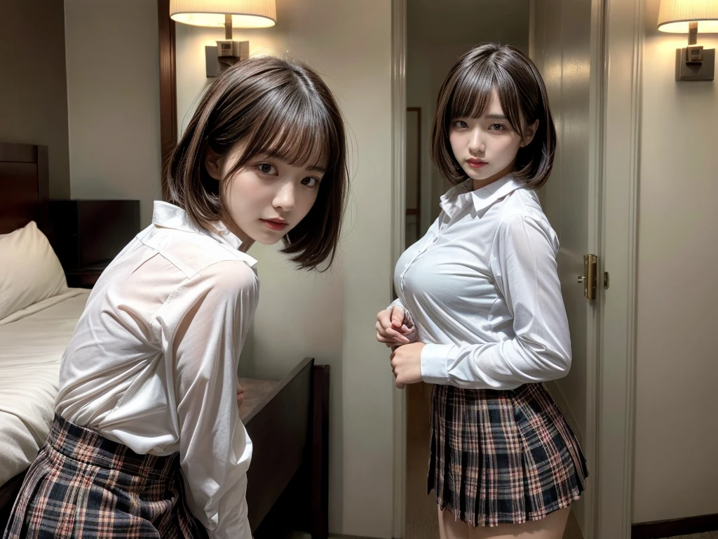 masterpiece, best quality, illustration, Super detailed, fine details, High resolution, 8K,wall paper, perfect dynamic composition,(Details High quality, realistic depiction of eyes:1.3), from side, standing, (collared shirt:1.1), pleated skirt, short bob hair、black hair color, Big Natural Color Lip, bold sexy pose, crying a little、cold gaze, Harajuku style、20 year old girl、cute type、lolita、beautiful legs, hotel room, gravure idol, medium breasts