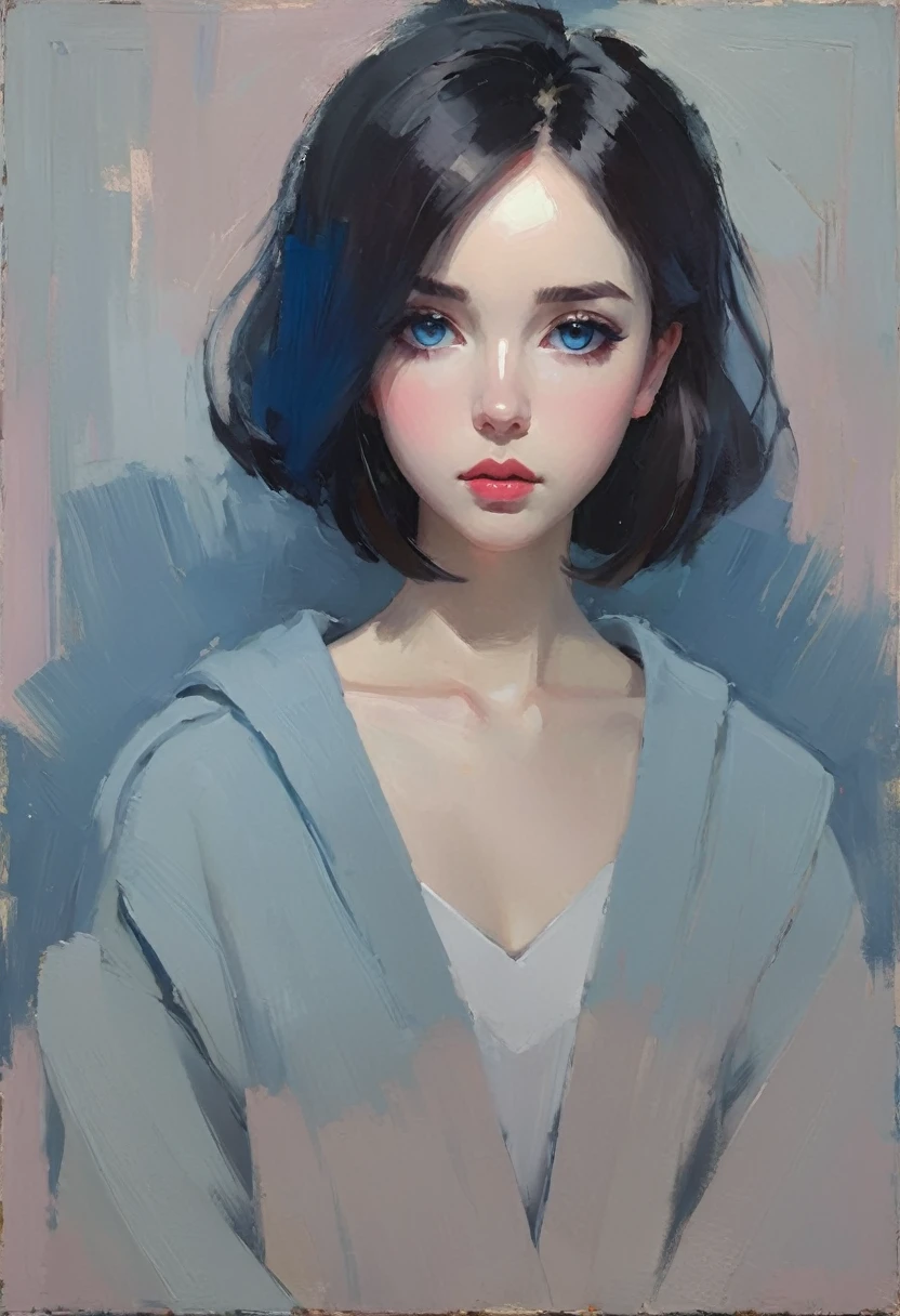 Create an evocative oil painting inspired by Malcolm Liepke, based on the provided image. Capture the intense, introspective expression of the young subject using thick, expressive brushstrokes using a palette of light pink, muted blue, dark grayish blue, bright blue, very dark gray, and light grayish blue. Highlight the emotional depth and vulnerability in the subject's gaze, emphasizing the play of light and shadow on their face. Maintain a simple, textured background that complements the subject's contemplative presence. Focus on the tactile quality of the oil paint to convey the raw emotion and intimacy characteristic of Liepke's style. After applying thick paint, use a dry brush to drag over the surface lightly. This technique can create interesting textures by revealing the underlayers.