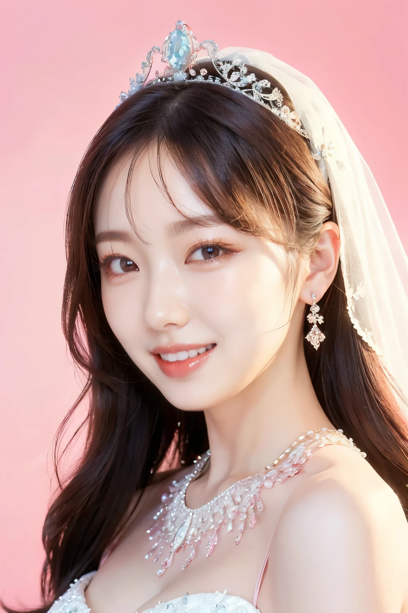 (highest quality、Tabletop、8k、Best image quality、Award-winning works)、One beautiful bride、(alone:1.1)、(The most extravagant and gorgeous huge pure white wedding dress:1.1)、(Perfect Wedding Lace:1.2)、(The most gorgeous and luxurious giant tiara:1.1)、(The most extravagant and luxurious giant necklace:1.1)、Look at me with your best smile、Finest jewelry decoration、Perfect Makeup、Long eyelashes、Ultra HD Shining Eyes、Ultra HD Hair、Ultra High Resolution Glossy Lips、Ultra High Resolution Perfect Teeth、Beautiful face in ultra-high definition、(Accurate anatomy:1.1)、Very bright and beautiful skin、very bright and vivid、Perfect beautiful bridal hairstyles、(Front facing body:1.1)、(Solid pink background:1.2)、Cleavage