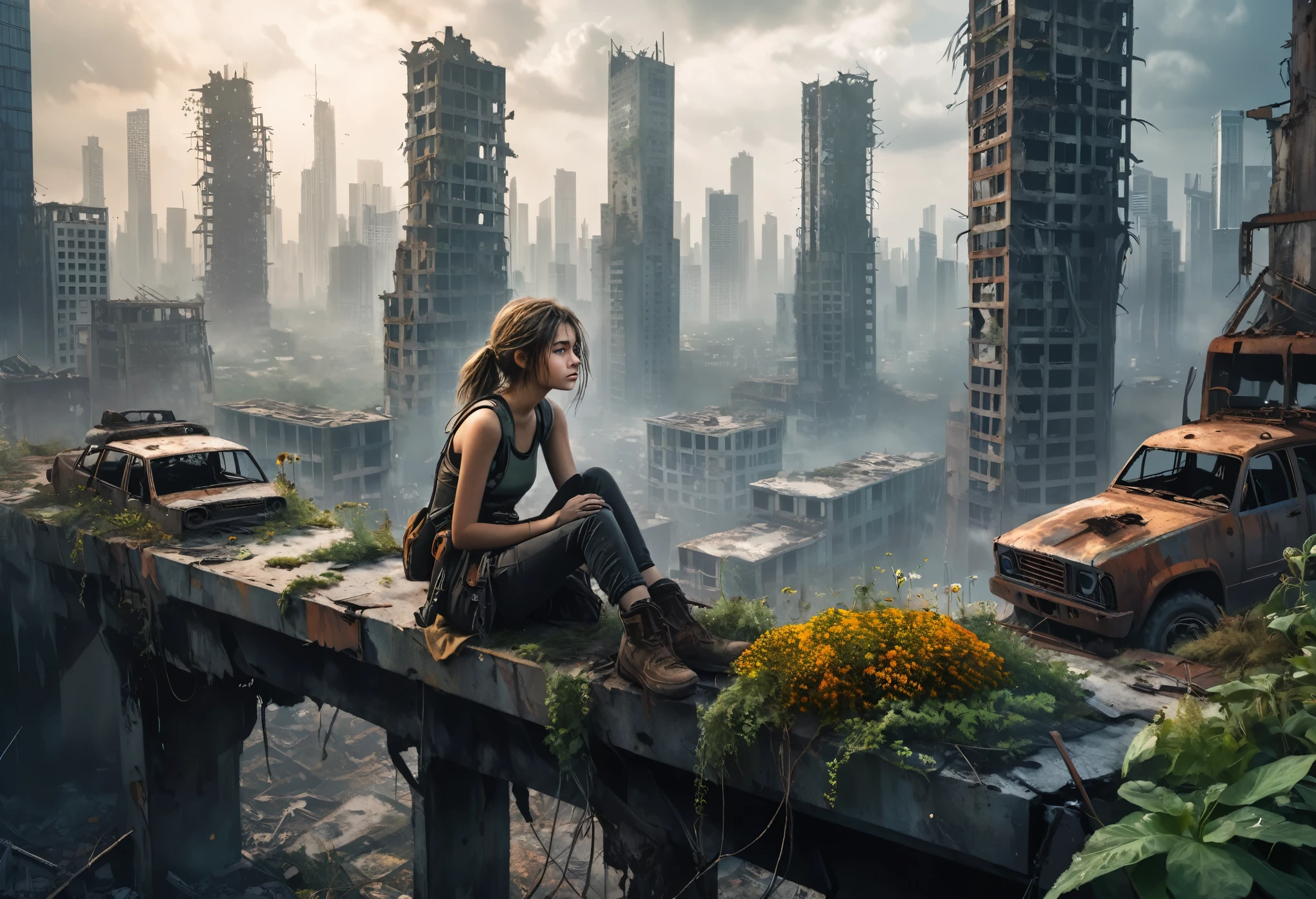 A girl sitting on top of a wall in an apocalyptic world, with broken skyscrapers, wild plants, and rusty vehicles