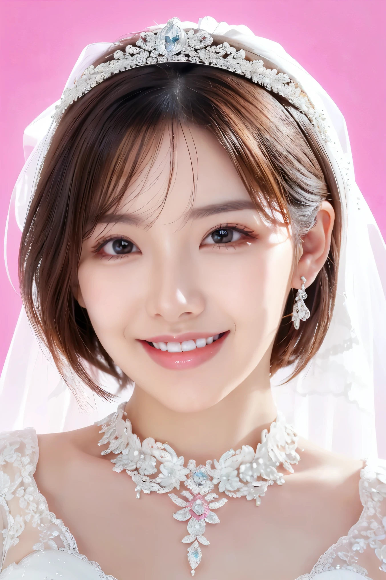 (highest quality、Tabletop、8k、Best image quality、Award-winning works)、One beautiful bride、(alone:1.1)、(The most extravagant and gorgeous huge pure white wedding dress:1.1)、(Perfect Wedding Lace:1.2)、(The most gorgeous and luxurious giant tiara:1.1)、(The most extravagant and luxurious giant necklace:1.1)、Look at me with your best smile、Finest jewelry decoration、Perfect Makeup、Long eyelashes、Ultra HD Shining Eyes、Ultra HD Hair、Ultra High Resolution Glossy Lips、Ultra High Resolution Perfect Teeth、Beautiful face in ultra-high definition、(Accurate anatomy:1.1)、Very bright and beautiful skin、very bright and vivid、Perfect beautiful bridal hairstyles、(Front facing body:1.1)、(Solid pink background:1.2)、(Short Bob Hair:1.1)