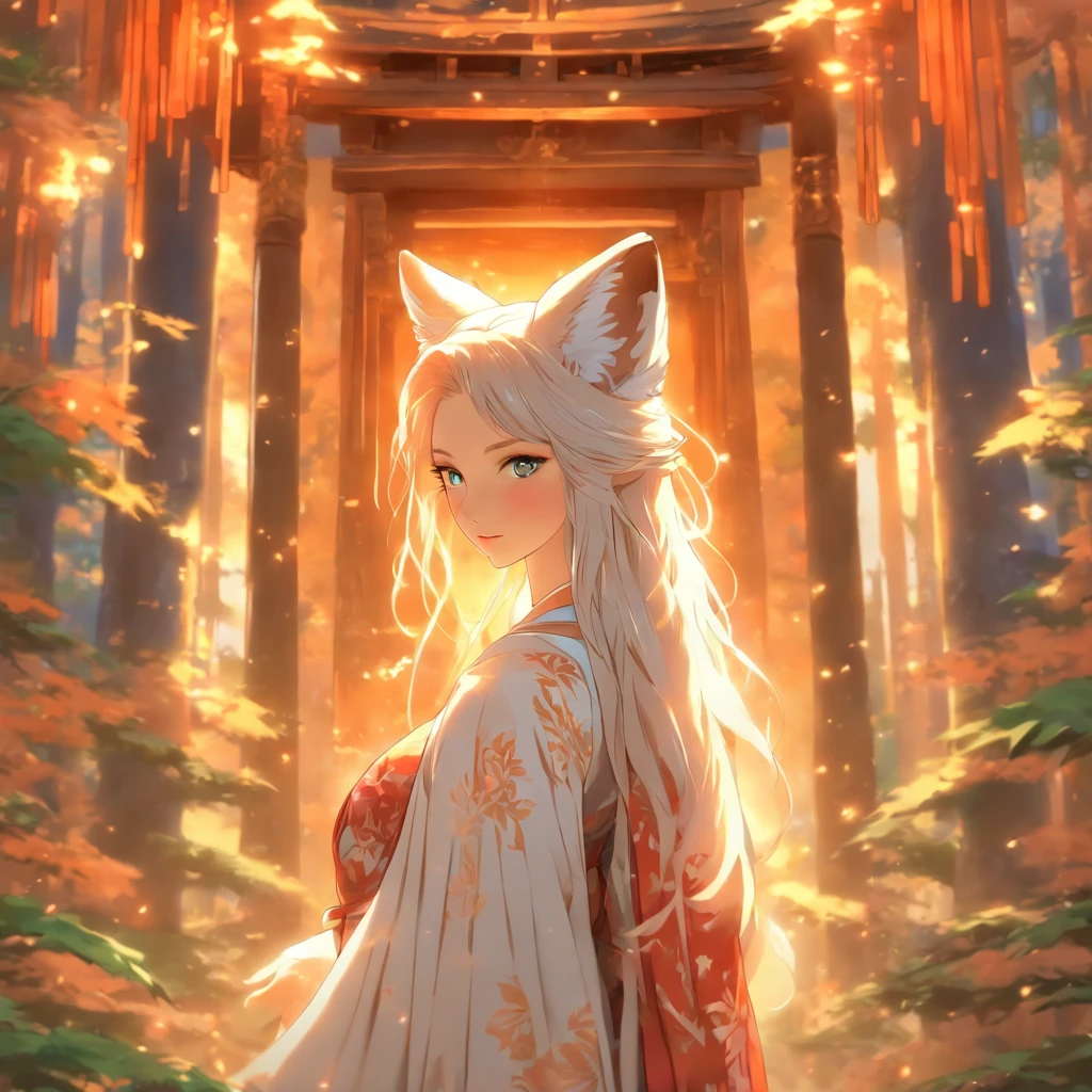 Fox girl, white hair, long hair, fox ears, kimono, many tails, near a beautiful temple in the forest, unearthly beauty, Galadriel, a beautiful fantasy painting., inspired by Nene Thomas, an unearthly fairy tale inspired by Edward Robert Hughes, a fantastic oil painting., unearthly!!!!!!, Unearthly!!!, Enchanted by the spirit of nature, unearthly fantasy