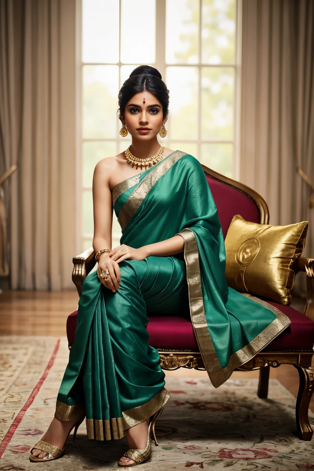 In this photograph, an Indian Instagram female model in her mid-20s sits elegantly on a luxurious chair, showcasing her heels and commanding attention. The background sets the scene at a 5-star hotel, adding to the moody ambiance of a private study. Captured by Lee Jeffries with a Nikon D850 and 4 Kodak Portra 400 film stock, the image boasts rich colors, hyper-realistic details, and lifelike textures. She is wearing a traditional greenish ivory saree that exudes elegance and sophistication, draped gracefully around her.

Completing her ensemble, she wears chic heels that add a modern touch to her traditional attire, showcasing her style and sophistication. The saree features a vibrant and intricate design with rich colors and detailed patterns, while the blouse is short-sleeved with intricate embroidery and beadwork, complementing the saree’s luxurious fabric.

Additionally, she adorns herself with traditional jewelry, including bangles, earrings, and a necklace, enhancing her elegant look. Her hair is styled in a classic bun adorned with jasmine flowers, adding to her traditional yet chic appearance.

The photograph is meticulously captured in 8K resolution using cutting-edge techniques such as Cinema 4D and Octane Render, resulting in a highly detailed and photorealistic image. Studio lighting, HDR, and a smoky mist create a captivating ambiance, while the bokeh effect adds an artistic touch to the composition.