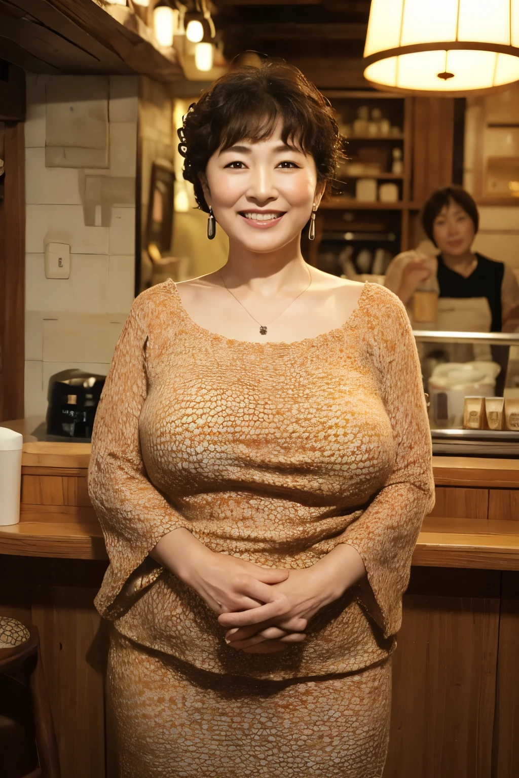 Osaka's aunt、Organic Photography、highest quality、masterpiece、Ultra-high resolution、Beautiful Japanese old lady、55 years old、Looking at the audience、Elegant face、Toothy smile、Big Breasts、Wearing a short-sleeved knit with an animal print、Perm Hair、Ultra mini skirt、Earrings、In a corner of a coffee shop、