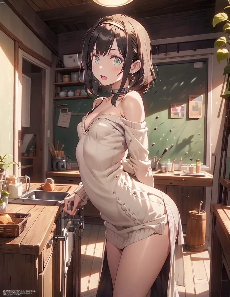(small breasts:1.3), (perky chest:1.1), (pointed chest:1.0), (fashion magazine cover:1.3),(from below:1.0),(from side:0.9),masterpiece, 1girl, Amazing Cleavage:1.1, thin waist, big ass, Raised sexy, small breast: 1.3, posed cleavage:1.2、solo, looking at viewer, open mouth, have a cute grass of cute beergrass,black hair, dark green eyes, dress, bare shoulders, jewelry, collarbone, sidelocks, hairband, earrings, indoors, off shoulder, :o, sweater, arms behind back, plant, short hair with long locks, gild hairband, off-shoulder dress, sweater dress, off-shoulder sweater, red sweater, dark gord hair, big side hair, very long side hair,is rendered in (masterpiece: 1.2, best quality), with (ultra high resolution) and an exquisite (depth of field). This masterpiece is not only visually stunning but also tells,A scene of cooking in the kitchen by classroom
