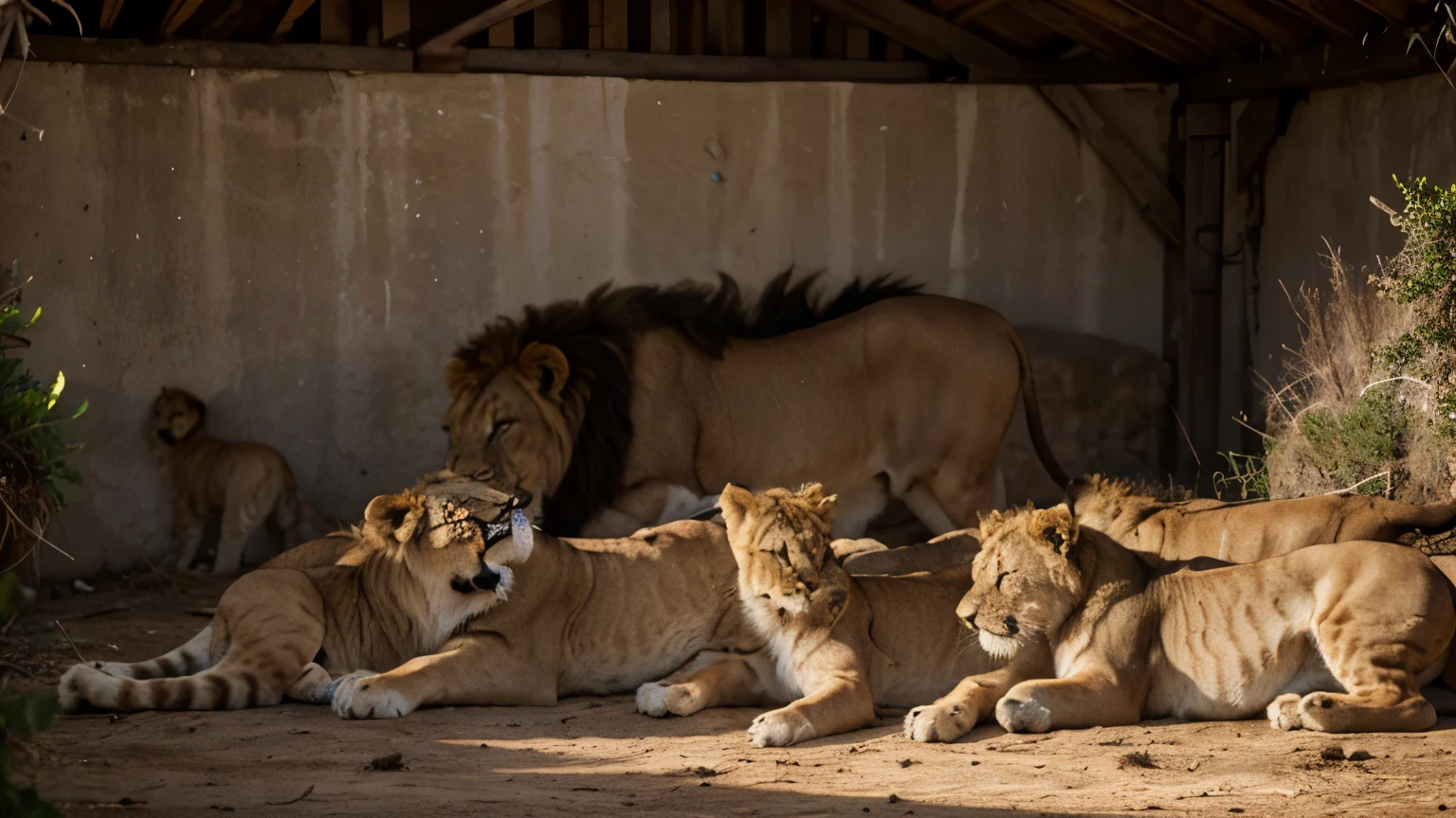 lion sleeping next to its cubs, realistic and high definition image.