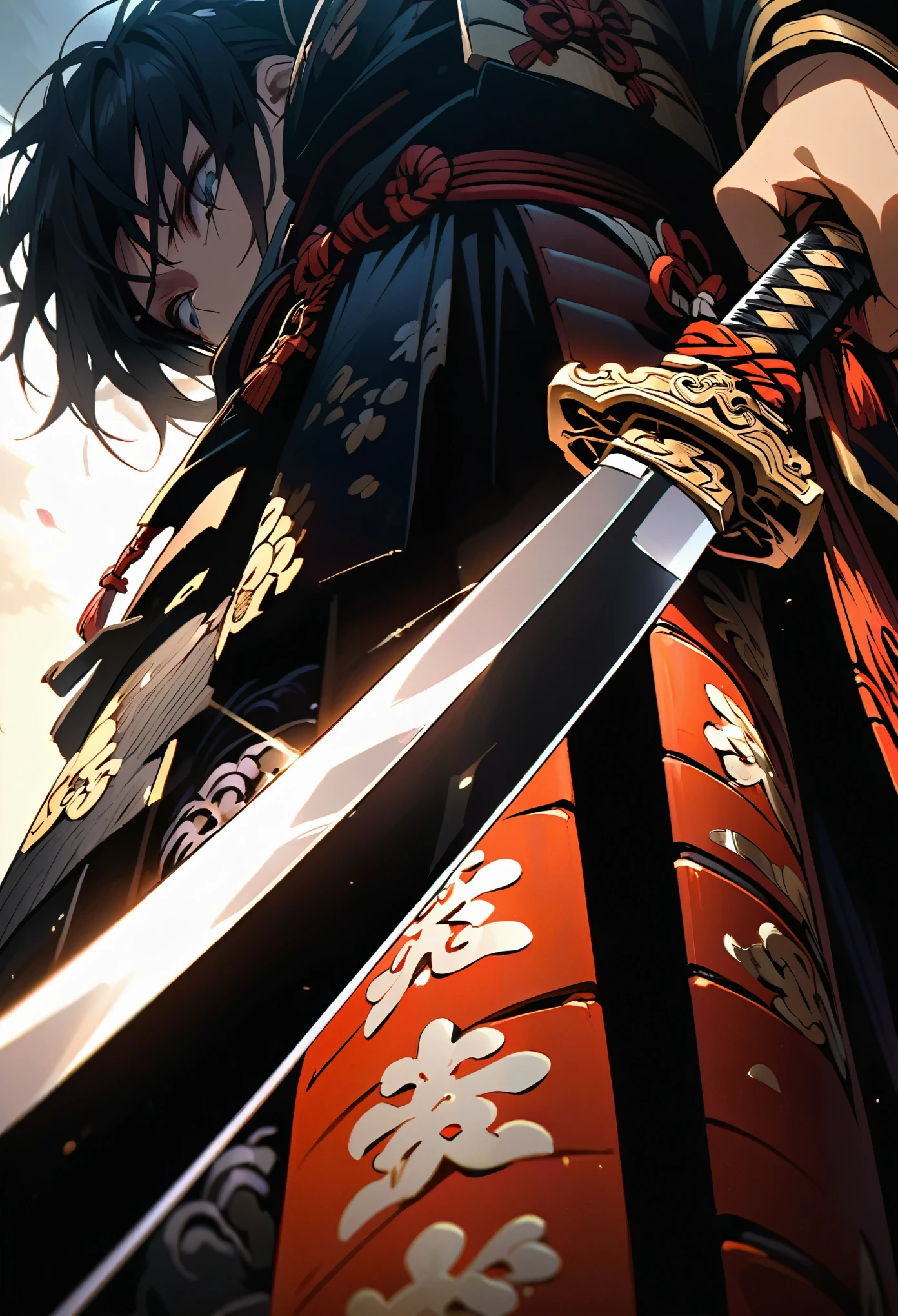 Close-up of a sword held by a samurai, face out of focus, detailed sword with edge and ornament, sword held in one hand, image taken from below reflecting the light of the metal sword