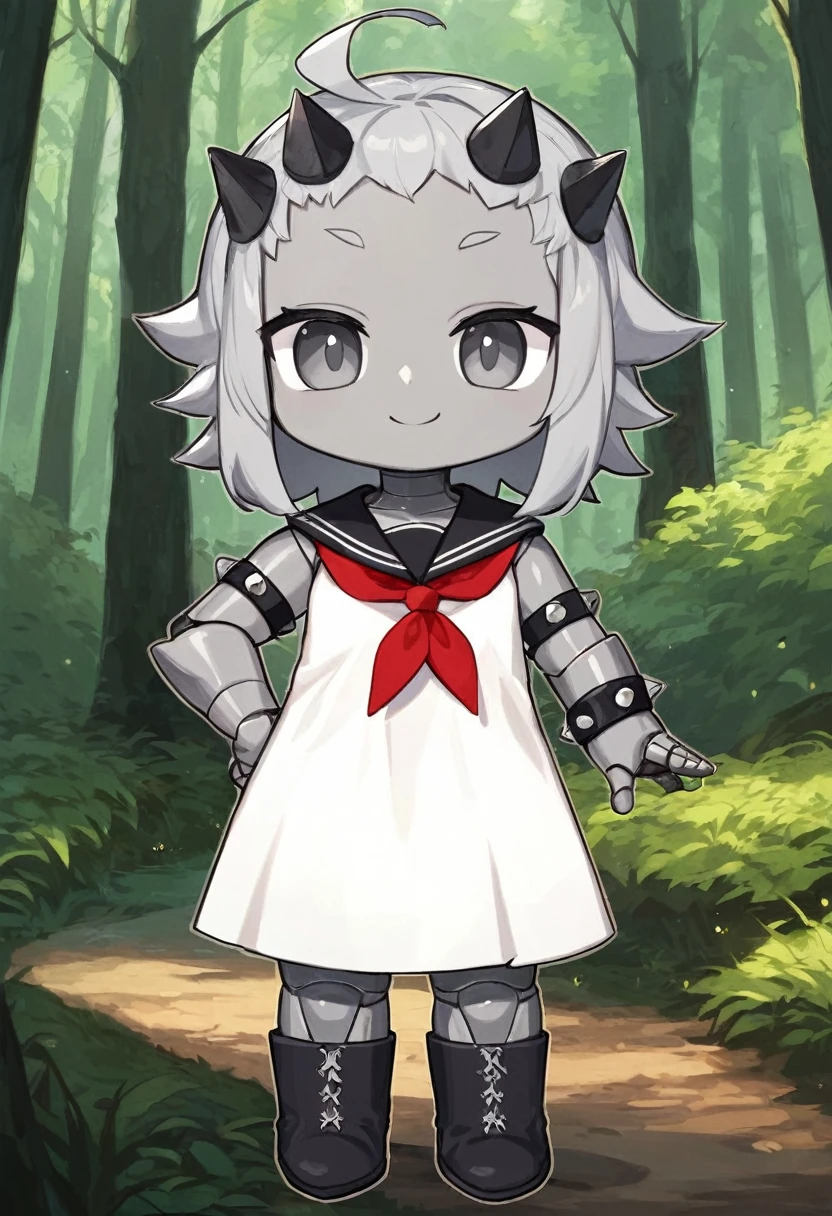 score_9, score_8_up, source_anime, masterpiece, best quality, absurdres, BREAK 1girl, chibi, grey metallic skin, grey long spiked metallic hair, grey eyes, hand on hip, forest, BREAK white dress, black boots, black wristband, red neckerchief, smile