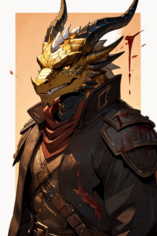 I want a golden dragonborn with backwards horns, blood hunter, with bloody clothes and a malicious grin, holding a head.