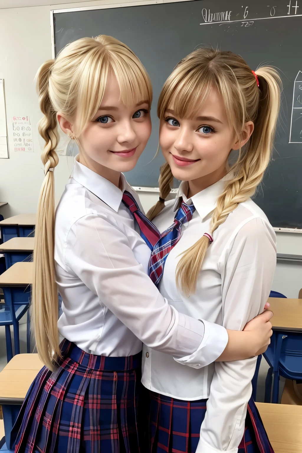 Two beautiful French girls、Blonde Hair、With bangS、PigtailS、Blue eyeS、Smile、The body is slim、Red tie、White shirt、Plaid pleated Skirt、Snuggling、In the classroom、school&#39;s