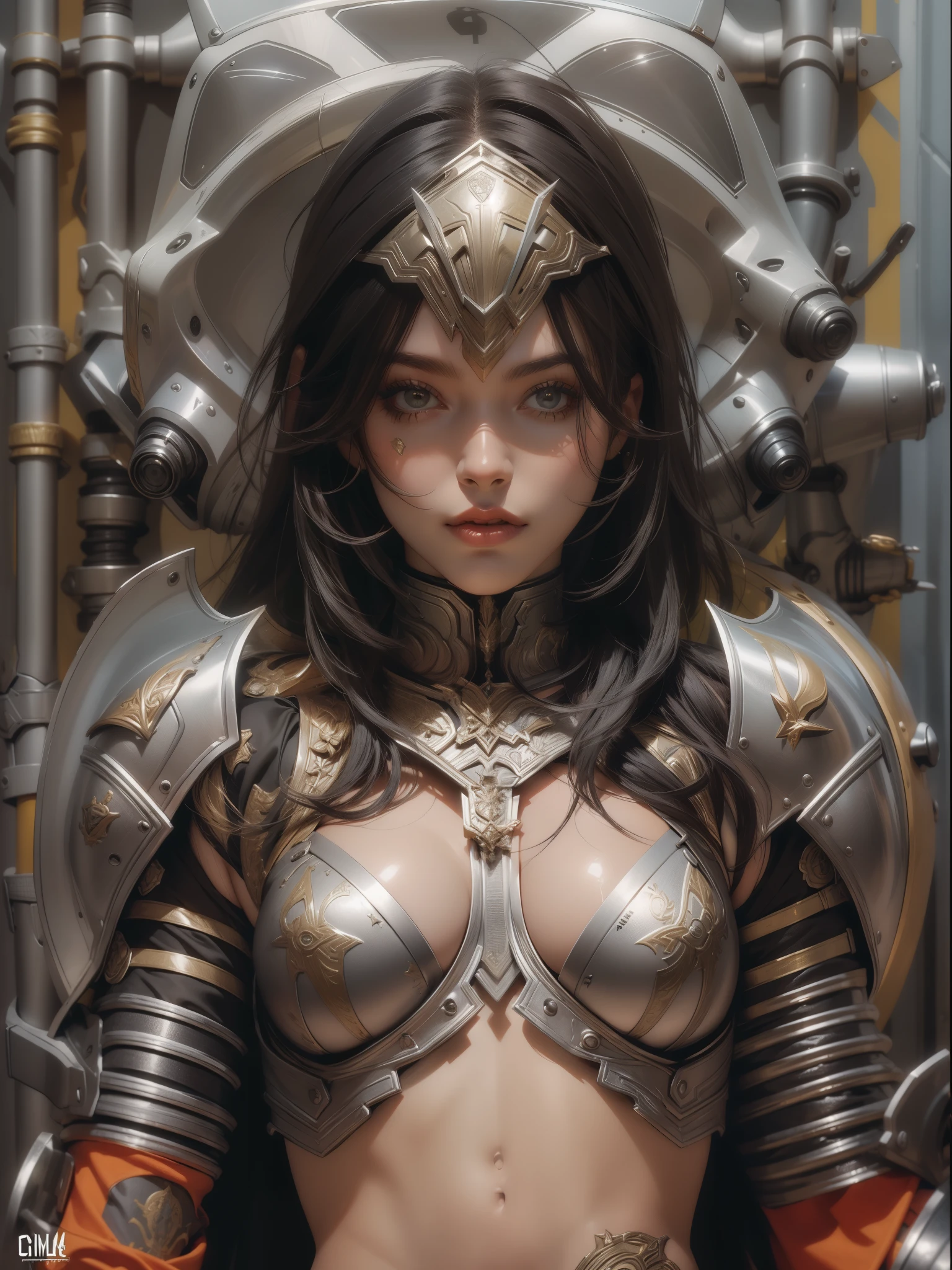 (((mulher))), (((melhor qualidade))), (((obra prima))), (((adulto))), (((1girl))), ((( corte de cabelo bob ))), (( NSFW )), A robotic gladiator, uma mulher de 25 anos com um corpo musculoso;, shoulder pads with metal spines, Gladiadores do Brooklyn, (( corte de cabelo bob )), tiny leather panties, corpo transparente mostrando o esqueleto, pele transparente, nua no estilo selvagem urbano de Simon Bisley para a capa da revista Heavy Metal, Cabelo loiro curto, Minimum clothing, Metal protection on the left arm with intricate graphics, Vermelho escuro com estrelas brancas e respingos de preto e branco, armadura, cheio de espinhos, (((do joelho pra cima))), cabelos loiro branco curto, no fundo uma parede pintada por Shepard Fairey com um design intrincado
