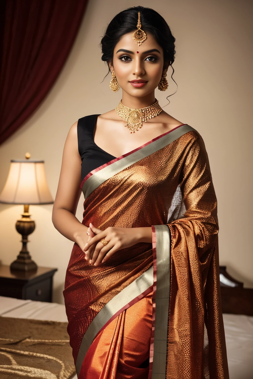 In the picturesque scene, a solo realistic full-body portrait captures the beauty of an Indian woman reclining gracefully amidst a bed of vibrant flowers, adorned in a stunning orange and black saree embellished with intricate gold floral patterns. The saree drapes elegantly around her, accentuating her natural grace and poise.

Camera details:
- Camera: Canon EOS 5D Mark IV
- Lens: Canon EF 24-70mm f/2.8L II USM
- Aperture: f/4.5
- Shutter Speed: 1/125 sec
- ISO: 200

Lighting details:
- Soft, diffused natural light filters through the surrounding foliage, casting a gentle glow on the subject.
- Supplementary artificial lighting, comprising softbox diffusers, provides subtle fill light to accentuate the woman's features and the intricate details of her attire.
- To enhance the romantic ambiance, warm-toned lighting fixtures strategically placed around the floral bed illuminate the scene, casting soft highlights and shadows to create depth and dimension.

The combination of natural and artificial lighting, along with meticulous camera settings, brings out the vibrant colors of the saree and the radiant beauty of the woman, resulting in a captivating and realistic portrayal of Indian elegance amidst nature's splendor.