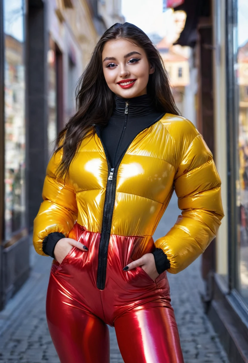 hyperrealistic beautiful busty 18-year-old  girl with long legs wearing glossy red-yellow-black voluminous puffer plastic fullbody catsuit, model shooting full body photography, raven black hair with long ponytail, dark eye makeup with eyeliner, seductive smile, small necklace, 8K, Best quality, Meisterwerk, ultra high resolution, (Realismus: 1.4), Originalfoto, (realistische Hautstruktur: 1.3), (Filmkorn: 1.3), (Selfie-Winkel), 1 girl, Beautiful round hazel eyes and facial details, Meisterwerk, Best quality, street photography on a sunny day, nsfw with cameltoe
