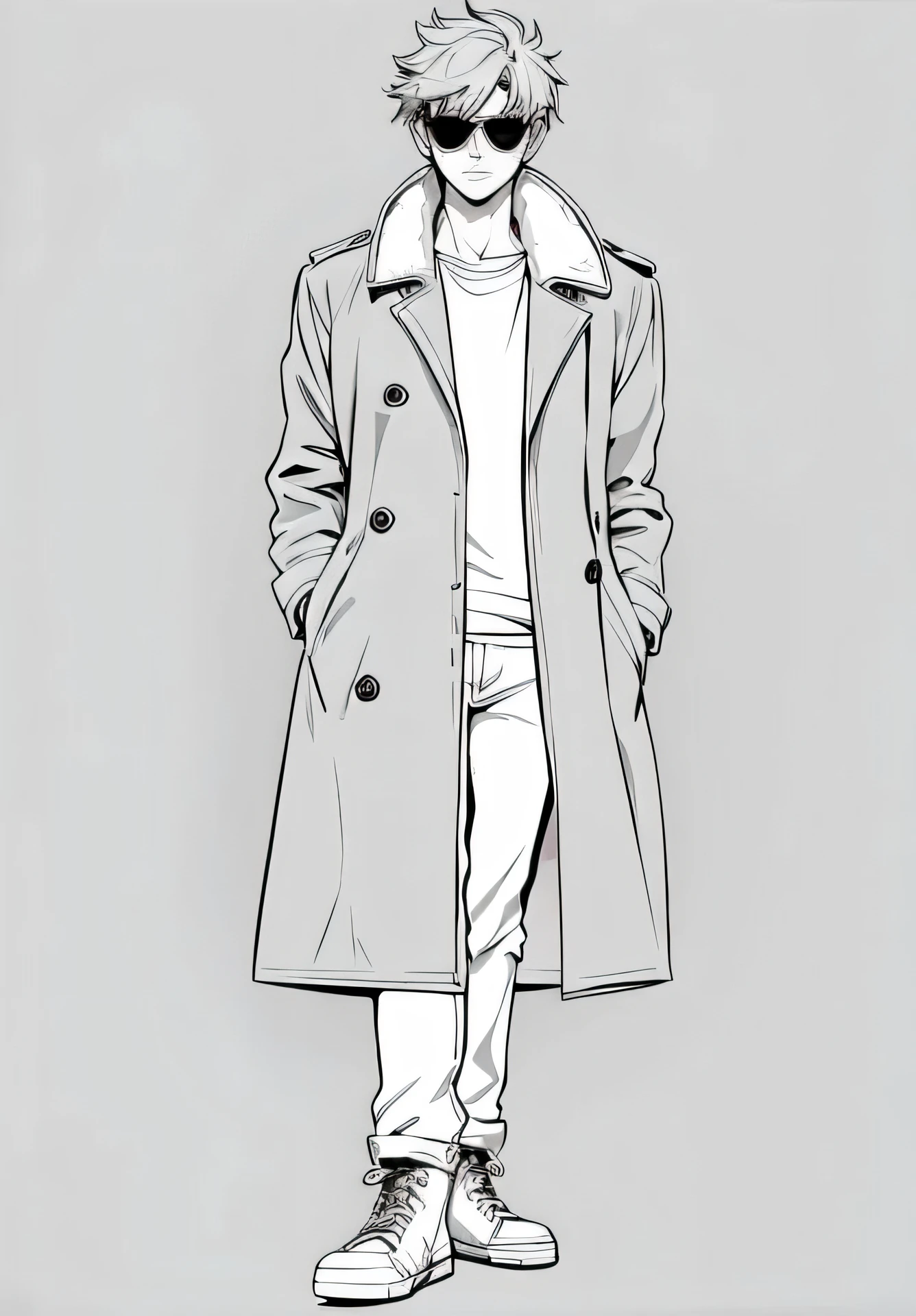 clean line art, no background, no color, only line art, anime style, satoru gojo cute anime male in a trench coat and sunglasses, t shirt, boots, cool, standing, full body view