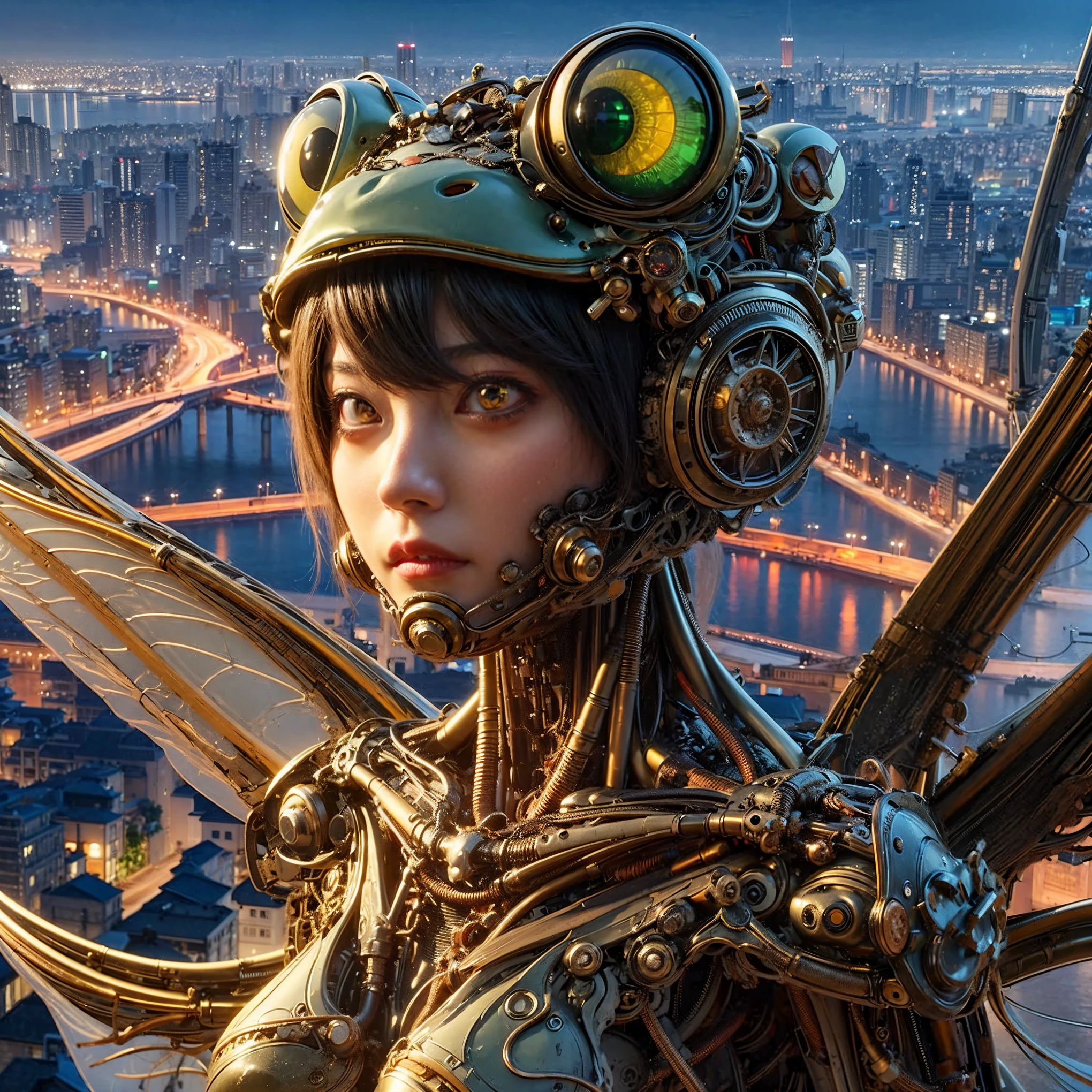 Masterpiece, (best quality:1.2), 8k, Japanese woman in turtle-type bio suit, biological base with bronze and gold accent, (extremely cute face), (mechanical bat wings), hydraulic cylinder, power pipe, muscle fiber, ultimately intricate all details, full body shot, (ultimately photo Realistic:1.37), dystopia with a beautiful view at night, (bioroid:1.2), (biopunk:1.3), Full body photo, Wide-angle, Please generate at least 4 photos.