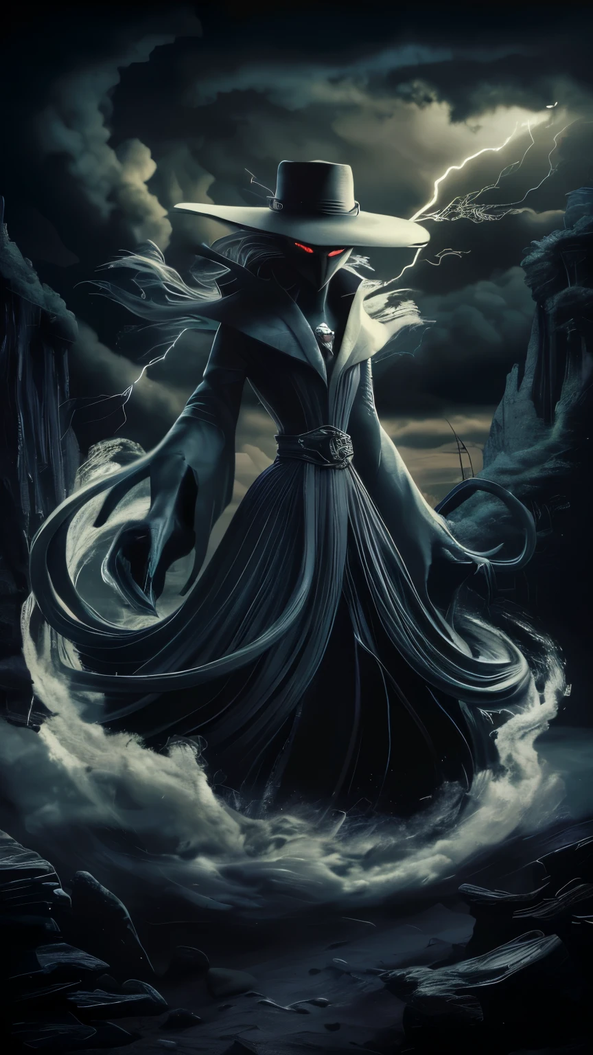 The image you provided is a stunning dark fantasy illustration. Vou descrever detalhadamente os elementos presentes na imagem:
1. **Figura Central:**
- **Appearance:** The central figure is a mysterious and imposing entity, dressed in a long, flowing cloak that resembles a robe. The dress is all black, with detailed textures that give a sense of movement and fluidity.
- **hat:** The figure wears a wide-brimmed hat, also black, which adds a dramatic touch to the look.
- **Mask:** The entity has a face covered by a mask that resembles a bird's beak., similar to the plague doctors' masks, mas com um design mais sinistro e estilizado.
- **Olhos:** The figure's eyes are glowing and red., emanating a sense of danger and mystery.
- **hands and arms:** The arms are long and the hands appear to be shrouded in shadow or mist, adicionando um elemento sobrenatural.
2. **Ambiente:**
- **scenario:** A cena se passa em um local sombrio e desolado, possivelmente um desfiladeiro ou vale rochoso, with rock formations in the background.
- **Clima:** The sky is full of dark and turbulent clouds, with lightning illuminating the scene, reinforcing the stormy and tense environment.
- **mist:** There is a dense, swirling fog around the figure, that appears to emerge from the ground and envelop the entity, giving an impression of power and mystery.
3. **Efeitos Visuais:**
- **lighting:** The lighting is dramatic, com fortes contrastes entre luz e sombra, destacando a figura central e criando uma atmosfera de suspense.
- **Detalhes Sobrenaturais:** Elements like swirling fog and lightning add to the feeling of something otherworldly and powerful.
### Conclusion This illustration is a powerful depiction of an enigmatic and terrifying figure in a dark fantasy setting. The combination of elements such as the flowing cloak, The plague doctor-style mask, and dramatic lighting