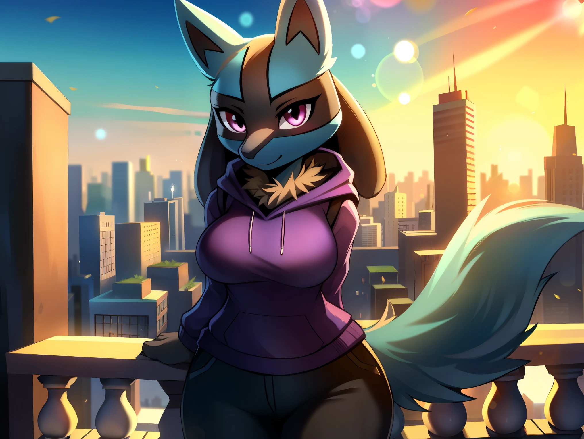 ((lucario)), ((solo)) wolf, blue fur, spikes, breasts, purple hoodie, black pants, looking at viewer, potted plants, decorations, standing, up close, on balcony, city view, blue sky, sun, sunny day, lens flare, Very good figure, cinematic lighting, volume lighting, masterpiece, best quality