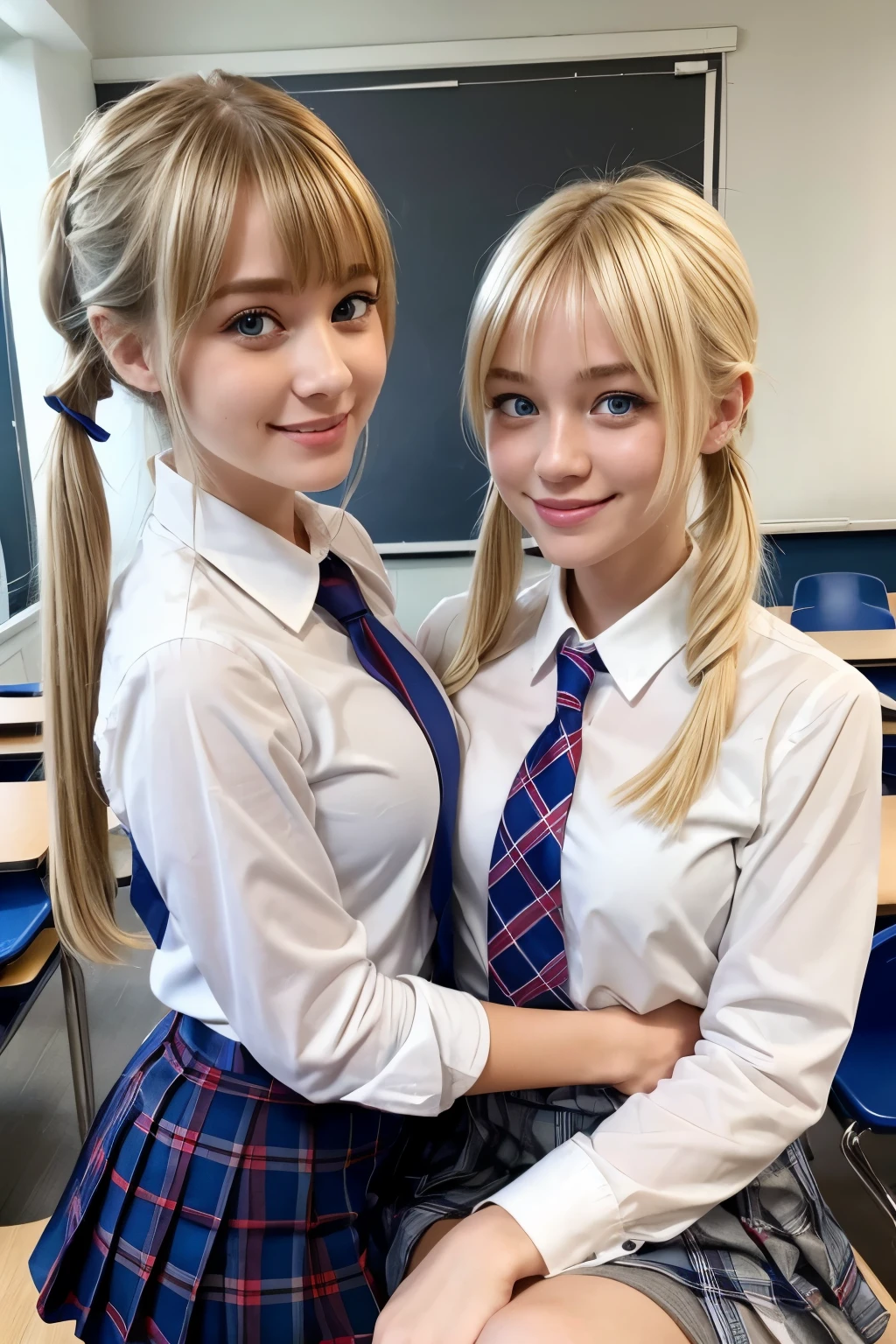 Two beautiful French girls、Blonde Hair、With bangS、PigtailS、Blue eyeS、Smile、The body is slim、Red tie、White shirt、Plaid pleated Skirt、Snuggling、In the classroom、school's