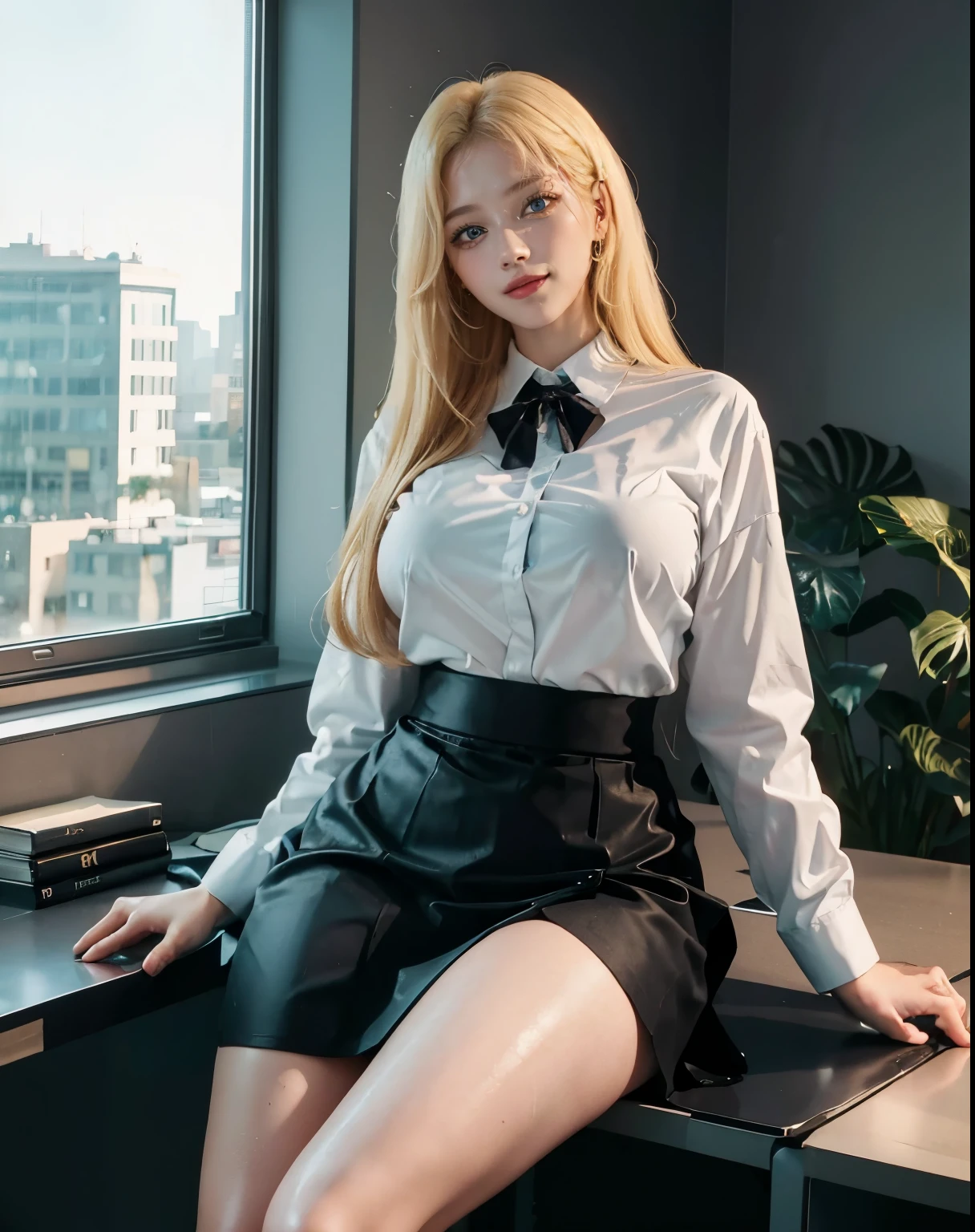 1girl, (Blue Eyes), (smiling :1.2), (Sana Minatozaki), (wide hips), Big tits, (big ass), (thin waist: 1.2), (thick and toned thighs :1.1), (Best Quality, 8k, Masterpiece: 1.3), Clear Focus: 1.2, Perfect Body Beauty: 1.4, strong abs, Highly detailed face and skin texture, detailed eyes, double eyelids, detailed skin, (blonde long straight hair), (white unbuttoned shirt :1.2), (black secretary skirt :1.3), ((sitting on a desk)), (legs crossed :1.2), in an office, windows in the background, blurred background