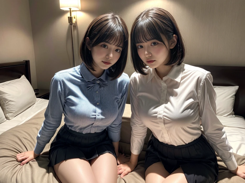 masterpiece, best quality, illustration, Super detailed, fine details, High resolution, 8K,wall paper, perfect dynamic composition,(Details High quality, realistic depiction of eyes:1.3), (2girls), (collared shirt:1.1), pleated skirt, medium breasts, very heavy chest, short bob hair、black hair color, Big Natural Color Lip, bold sexy pose, crying a little、cold gaze, Harajuku style、20 year old girl、cute type、lolita、beautiful legs, hotel room, gravure idol