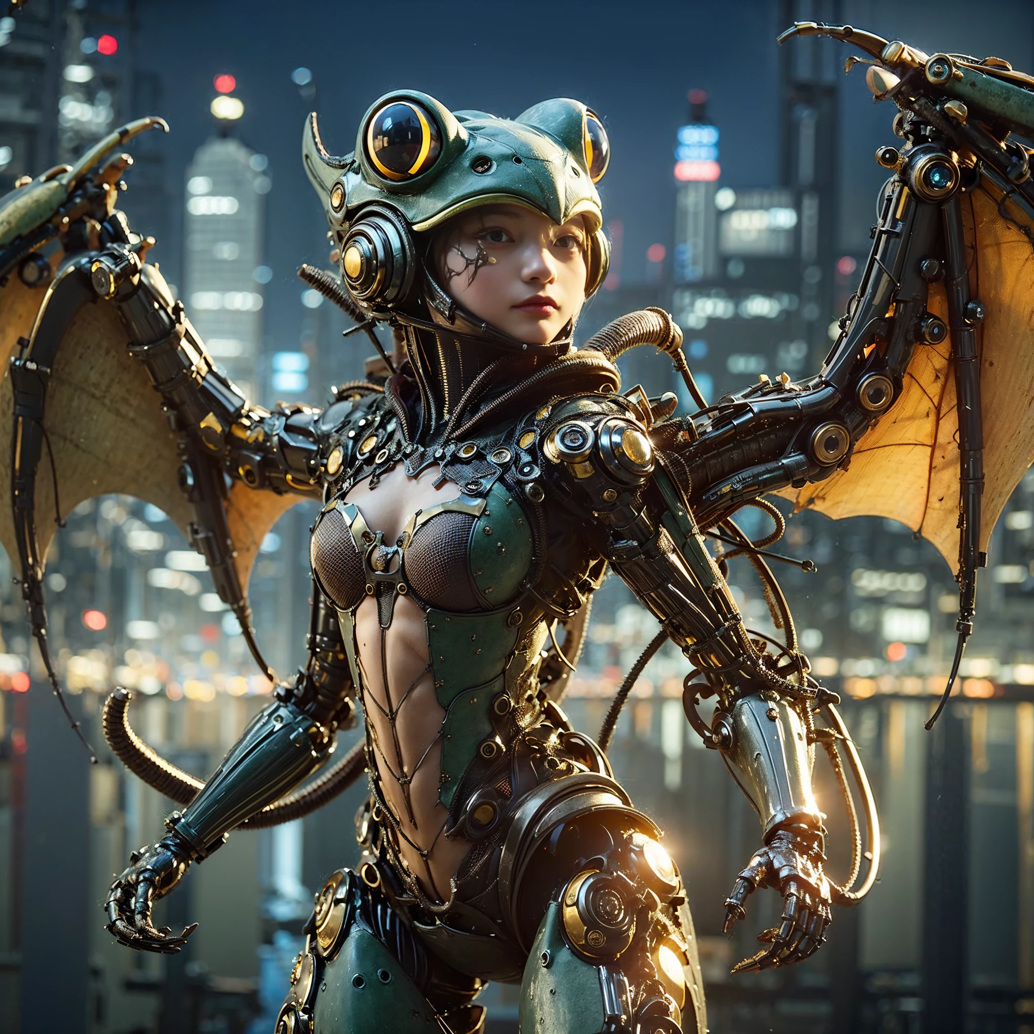 Masterpiece, (best quality:1.2), 8k, Japanese woman in frog-type bio suit, biological base with bronze and gold accent, (extremely cute face), (mechanical bat wings), hydraulic cylinder, power pipe, muscle fiber, ultimately intricate all details, full body shot, (ultimately photo Realistic:1.37), dystopia with a beautiful view at night, (bioroid:1.2), (biopunk:1.3), Full body photo, Wide-angle, Please generate at least 4 photos.