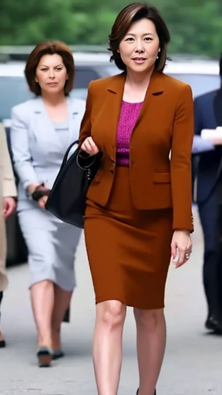 One Woman、Mature Woman、Female politicians、Cowboy Shot、Big Breasts、Skin-colored tight skirt suit、Below-the-knee length pencil skirt、Elegant short brown hair、Perfect Style、Walking towards here、