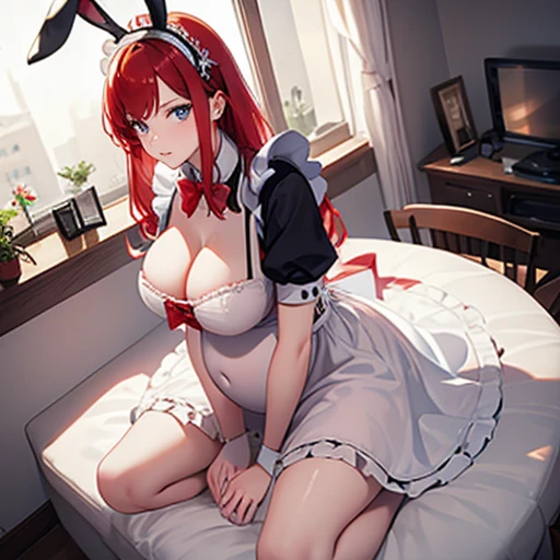 Beautiful pregnant female maid, mature, bunny ears, wants to have sex with me, cleavage, maid dress, red hair, pregnant