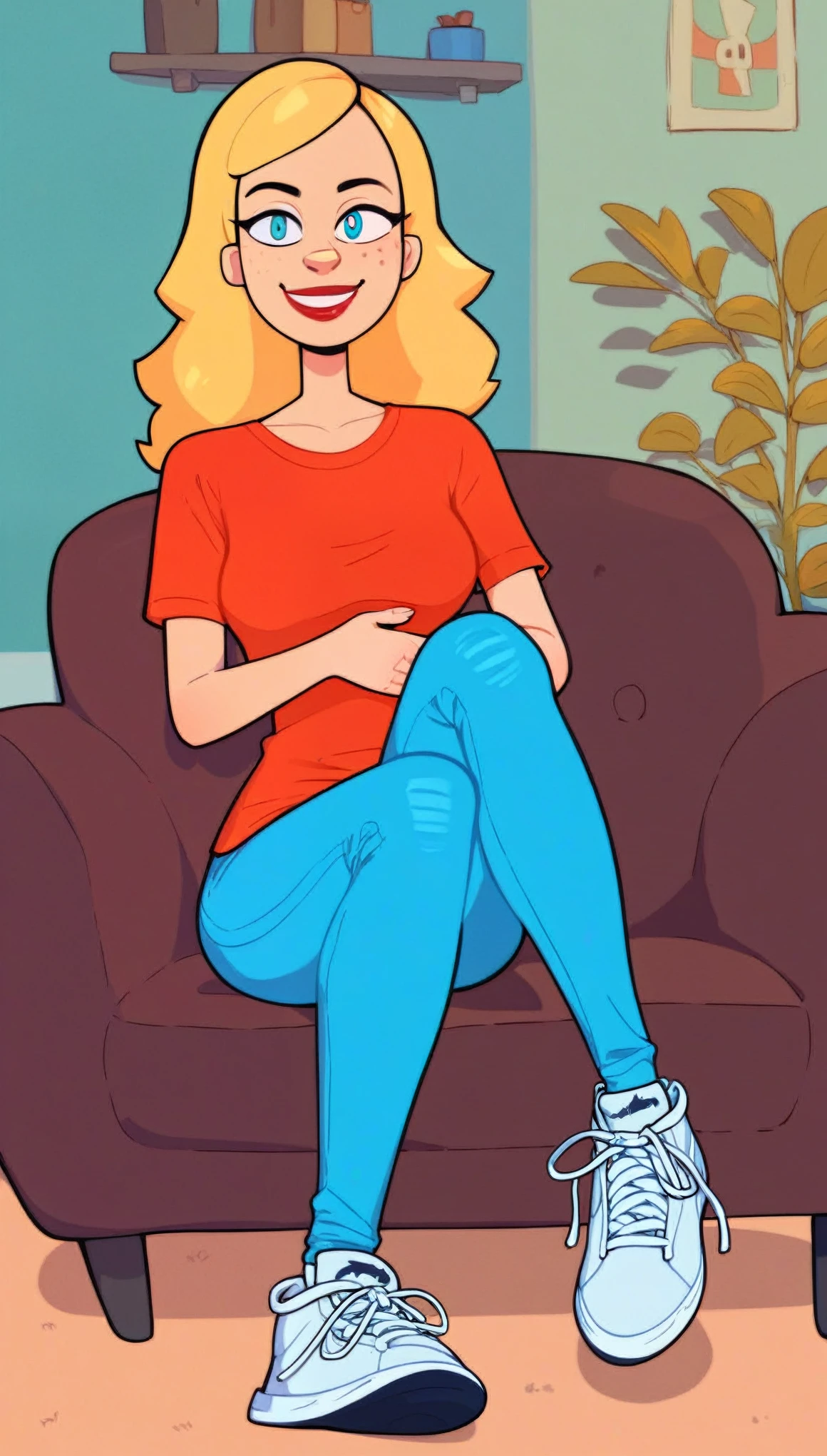 score_6,score_5,score_4, score_9, score_8_up, score_7_up, R&M, beth smith, 1girl, blonde hair, red t-shirt, blue jeans, white sneakers, pupils black dots, red lips, breasts, smile, living room, sitting,