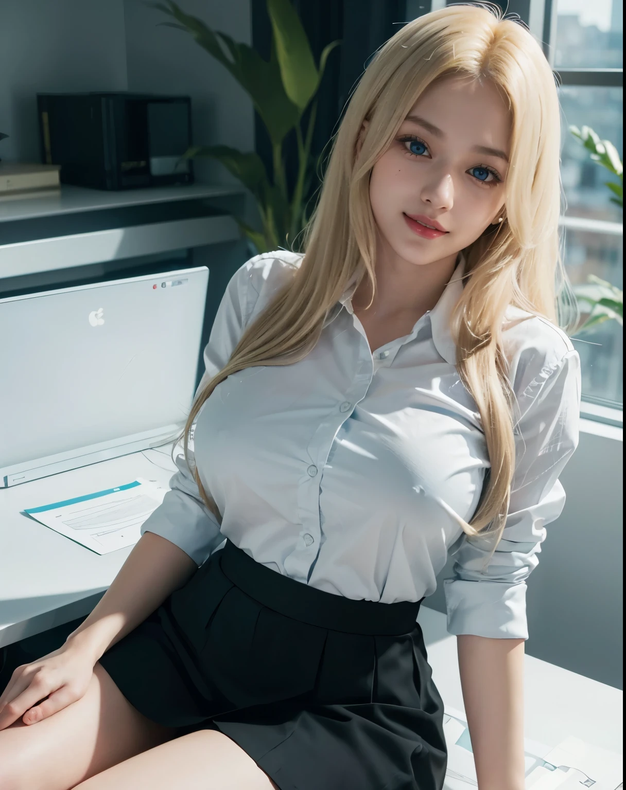 1girl, (Blue Eyes), (smiling :1.2), (Sana Minatozaki), (wide hips), Big tits, (big ass), (thin waist), (thick and toned thighs), (Best Quality, 8k, Masterpiece: 1.3), Clear Focus: 1.2, Perfect Body Beauty: 1.4, strong abs, Highly detailed face and skin texture, detailed eyes, double eyelids, detailed skin, (blonde long straight hair), (white unbuttoned dress shirt :1.2), (black secretary skirt :1.3), ((sitting on a desk)), (legs crossed :1.3), in an office, windows in the background, blurred background