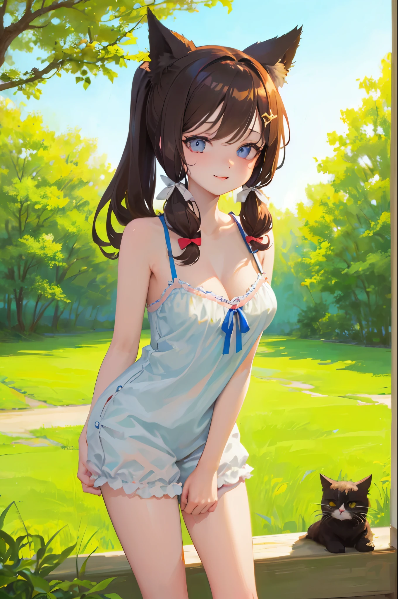 masterpiece, high quality, extremely detailed artwork, quality, top-quality, high resolution, 4K, high-detail, beautiful lighting, extra detailed face, anime, animation, pixiv, cinematic lighting, masterpiece, Beautiful face, beautiful eyes, 5-Fingers, well-drawn hands, well-drawn legs, well-drawn feet, well-drawn eyes, 1girl, camisole, Pajamas, Hair on the shoulders, Beautiful breasts, attractive anime girl, solo, beautiful alluring anime girl, beautiful anime girl, cute anime girl, pretty anime girl, attractive anime girl, shy face, seductive anime girl, cat ears, cat tail, looking at me, super cute, aesthetic, brown hair, long hair, fair skin, cute ribbon, Brown-eyes, Hair Bow,(((the bow)))),length hair,beautiful eyes ,Beautiful breasts,Low ponytail,Hair on the shoulders,be shy, shy face, Beautiful face, cat tail coming out of the ass, Uma Musum, (Admire Vega),Cat ears, tail, Hi-Res, camisole,Pajamas, anime, animation, pixiv, Cleavage, big breast, large breasts, nipple, smirk. Deep brown eyes, smiling, pose, garden, different place, different pose, different style, starry sky, (night time and fireworks)