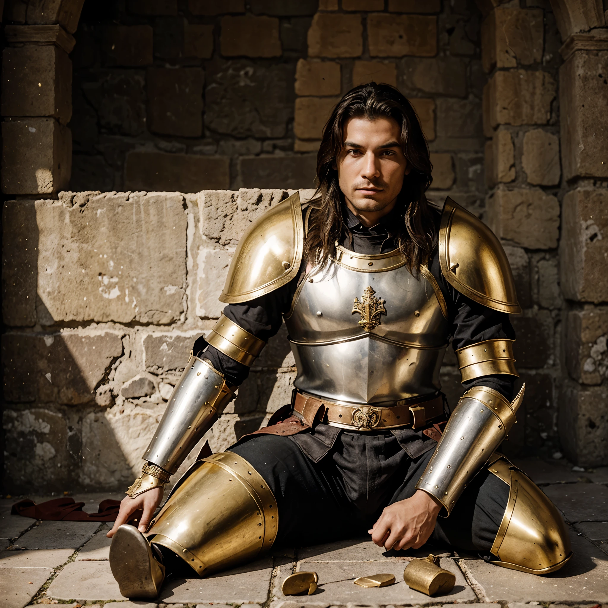 A medieval warrior in ancient armor sitting on the floor of a castle and with a gold and red medal on his left chest.