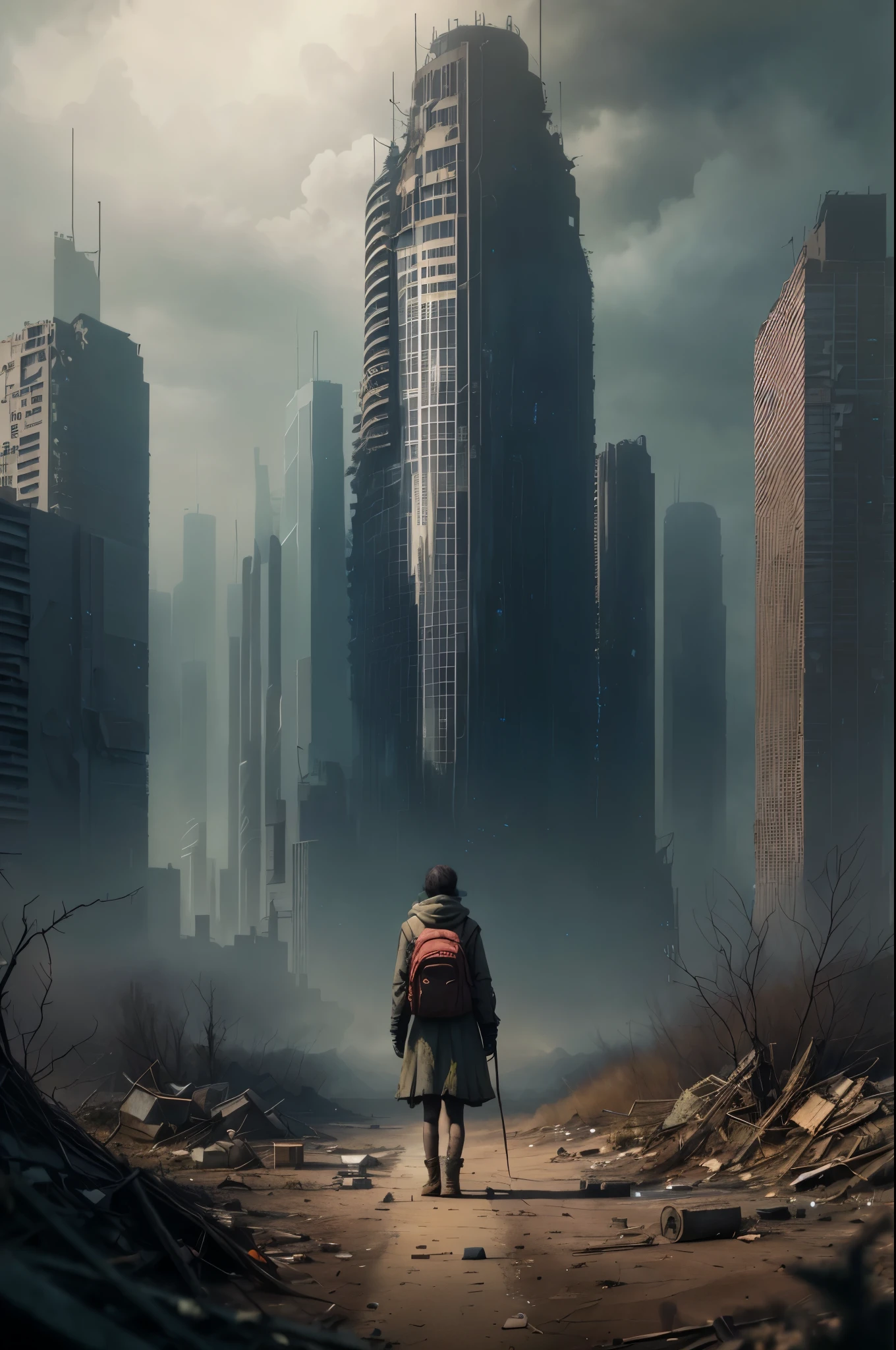 girl, teddy bear, nuclear wasteland, plants regaining territory, desolation, eerie atmosphere, (dark and moody:1.4), (loneliness:1.ost-apocalyptic:1.2).