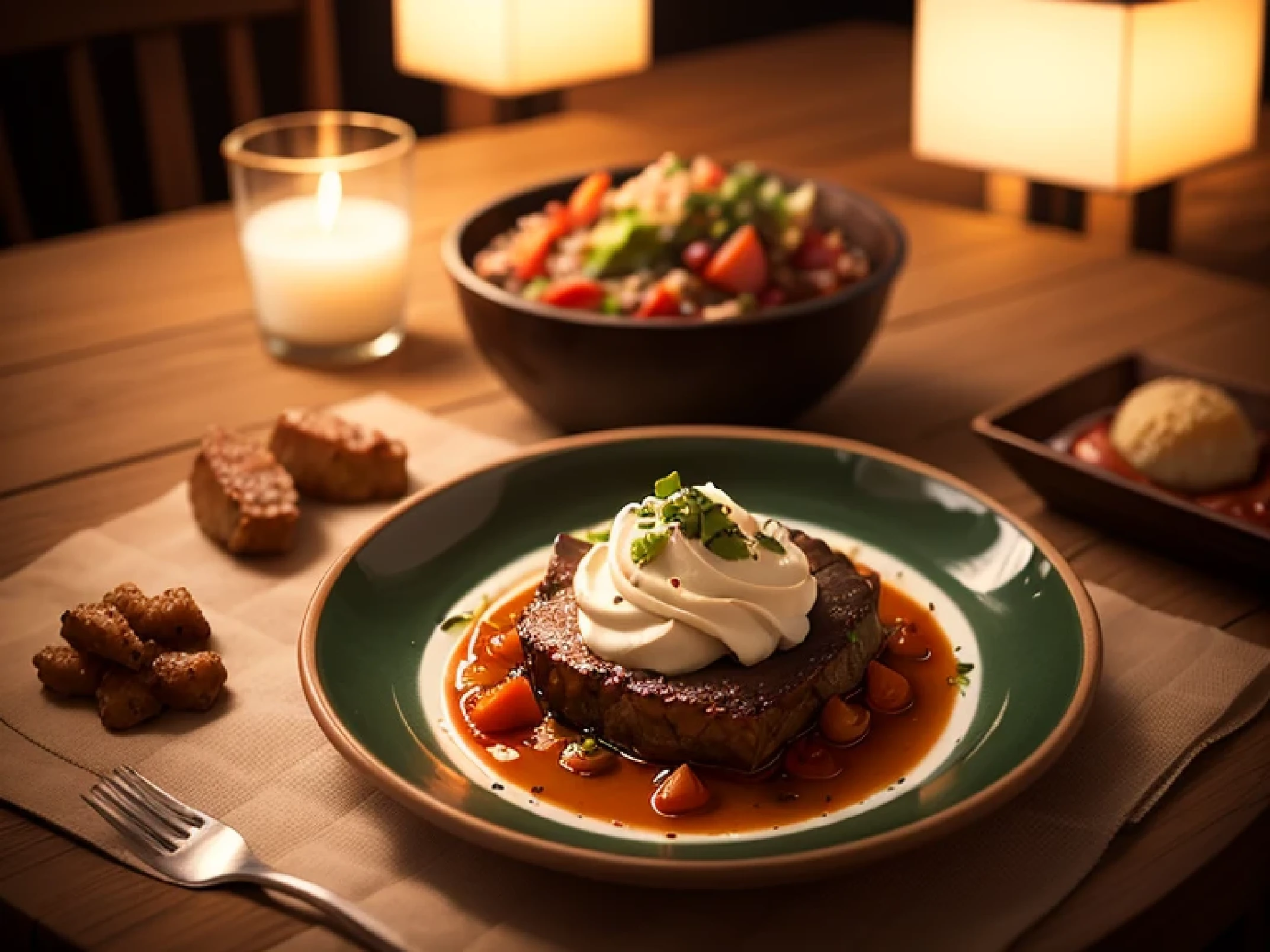 Gastronomic photography of a gourmet meal., con poca profundidad de campo, chapado elegante, and soft lighting