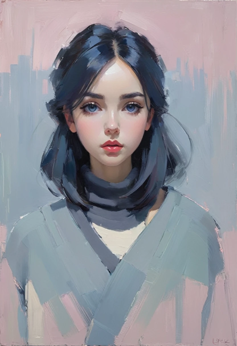 Create an evocative oil painting inspired by Malcolm Liepke, based on the provided image. Capture the intense, introspective expression of the young subject using thick, expressive brushstrokes using a palette of light pink, muted blue, dark grayish blue, bright blue, very dark gray, and light grayish blue. Highlight the emotional depth and vulnerability in the subject's gaze, emphasizing the play of light and shadow on their face. Maintain a simple, textured background that complements the subject's contemplative presence. Focus on the tactile quality of the oil paint to convey the raw emotion and intimacy characteristic of Liepke's style. After applying thick paint, use a dry brush to drag over the surface lightly. This technique can create interesting textures by revealing the underlayers.