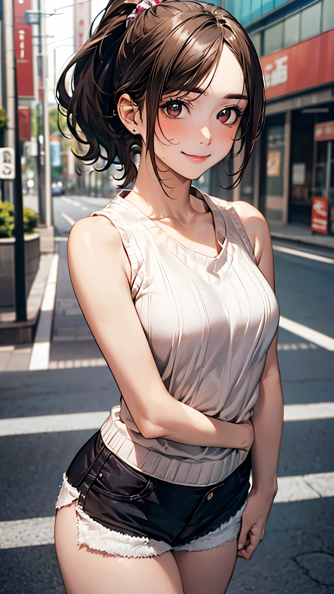 (masterpiece:1.2, top-quality), (realistic, photorealistic:1.4), beautiful illustration, (natural side lighting, movie lighting), depth of fields,
looking at viewer, cowboy shot, (from below), 1 girl, japanese, high school girl, perfect face, cute and symmetrical face, babyface, shiny skin,
(short hair, ponytail, dark brown hair), asymmetrical bangs, brown eyes, long eye lasher, brown eyebrows, (medium breasts:1.3), slender ,
beautiful hair, beautiful face, beautiful detailed eyes, beautiful clavicle, beautiful body, beautiful chest, beautiful thigh, beautiful legs, beautiful fingers,
(white sleeveless knit, micro shorts, ),
(beautiful scenery), (bustling street, tokyo), , (shy look, view audience, smile),