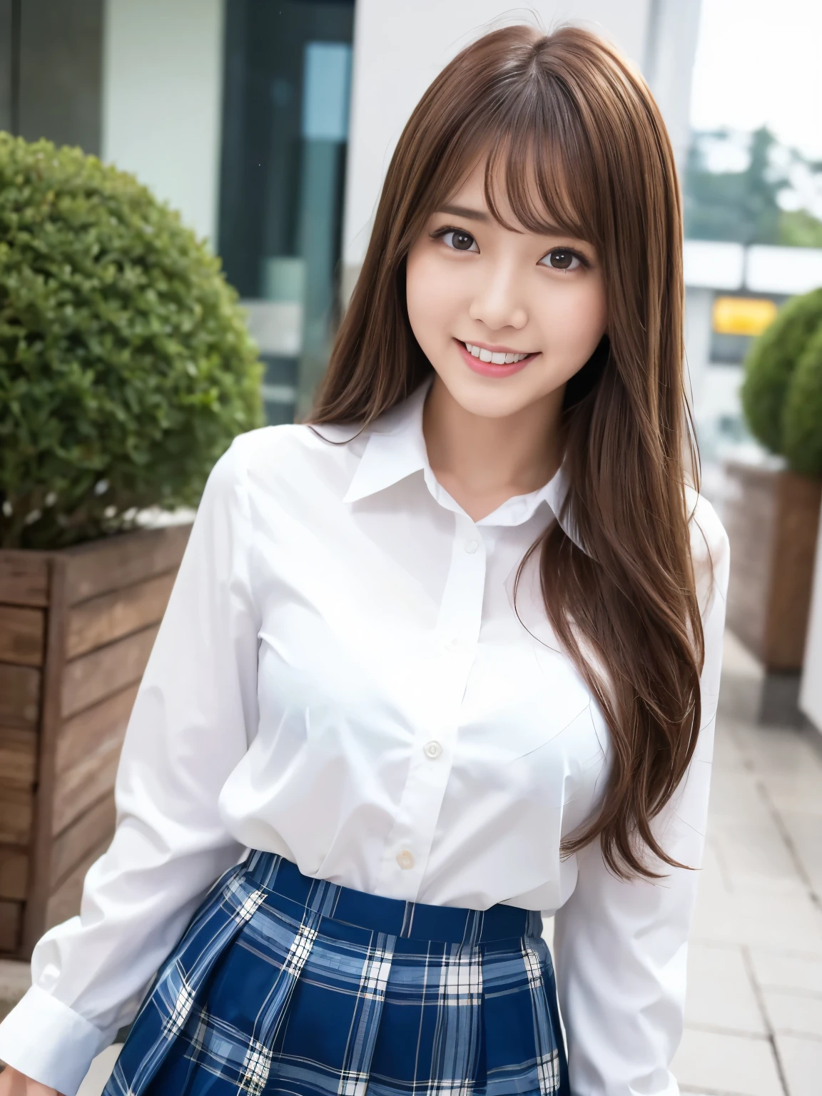A beautiful Japanese shy girl, age 18 years old, brown hair, brown big eyes, shiny lip, shiny hair, ecstatic expression, wearing front button white blouse, plaid blue mini skirt, in rainy scape, She is standing under the roof, background is very blurry, wearing white socks, A photo showing the whole body,